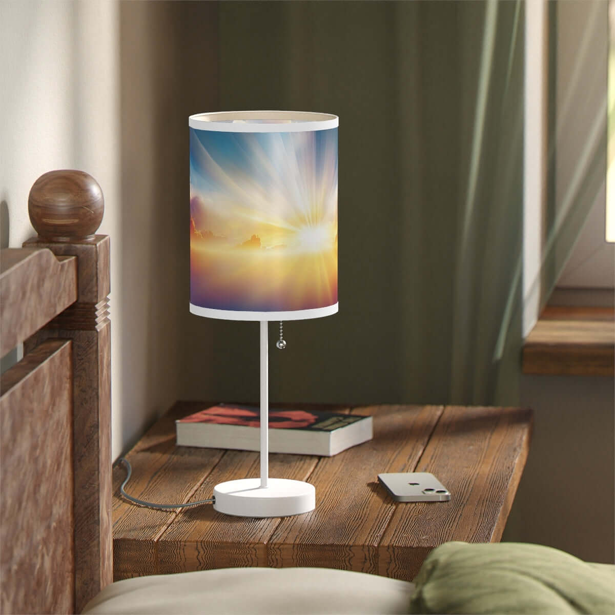 Inspirational Christian-themed table lamp on a rustic wooden nightstand.