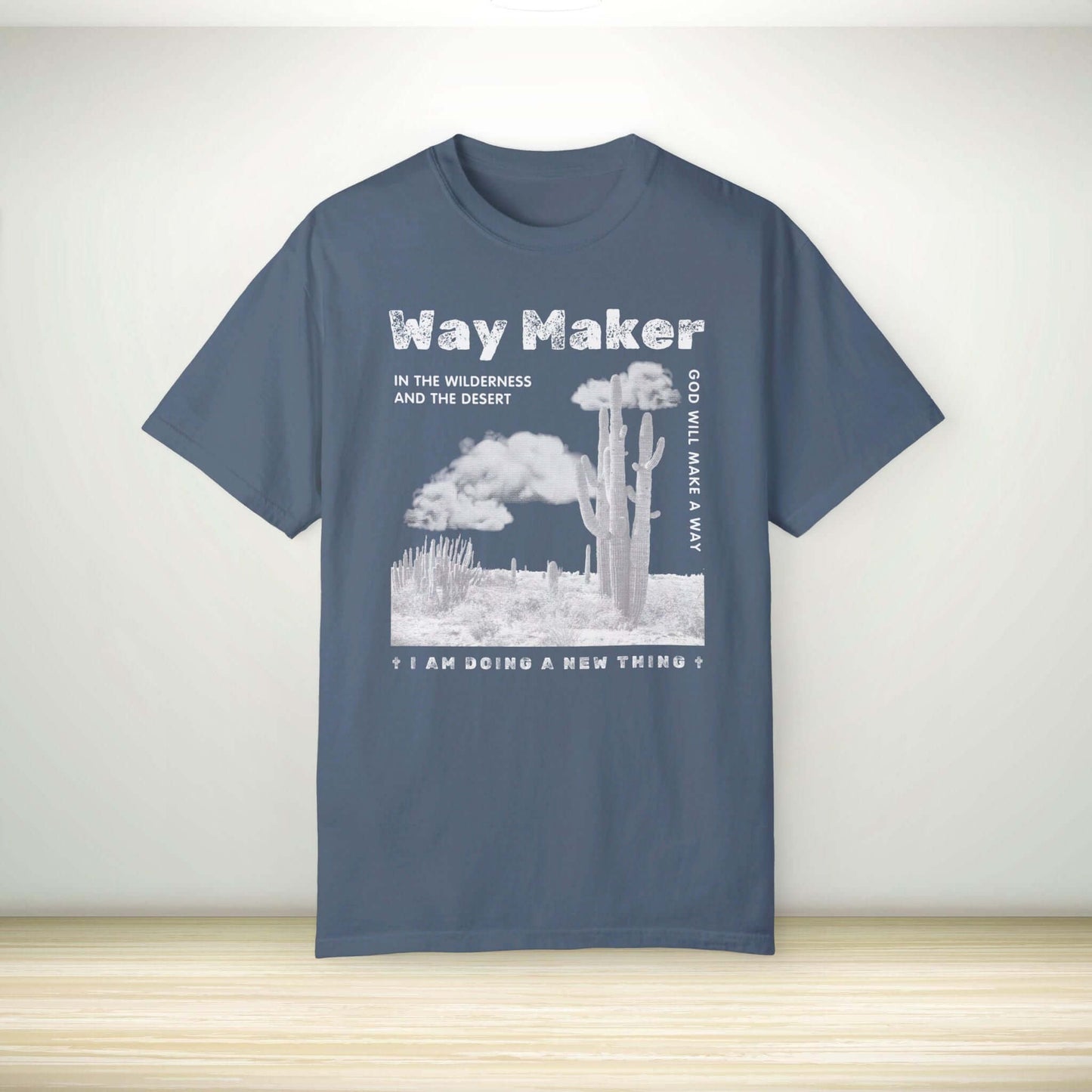 Grey Way Maker Christian T-shirt featuring a cactus graphic and bible verse, perfect for expressing faith and wearing to worship or Christian events