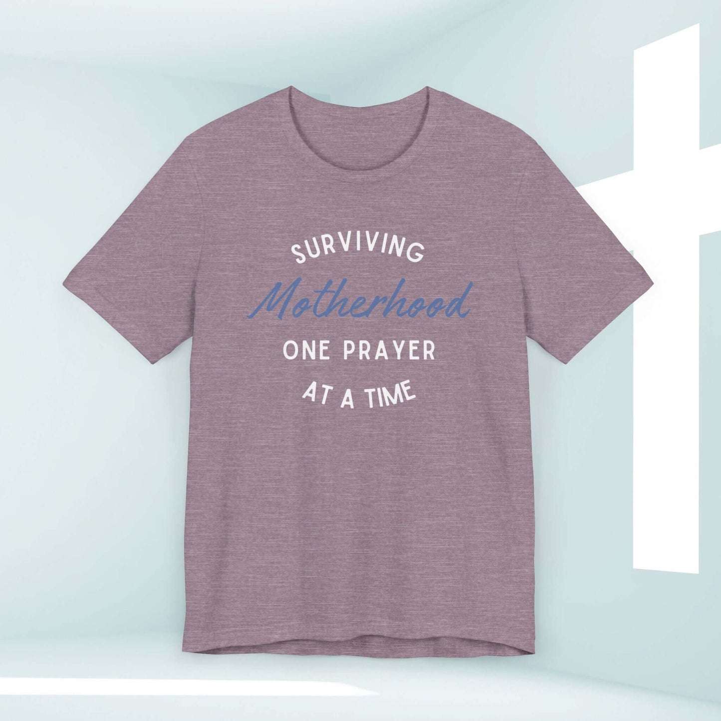 Surviving Motherhood One Prayer At A Time Christian Tee in gray, inspirational faith-based shirt for mothers, Christian apparel.