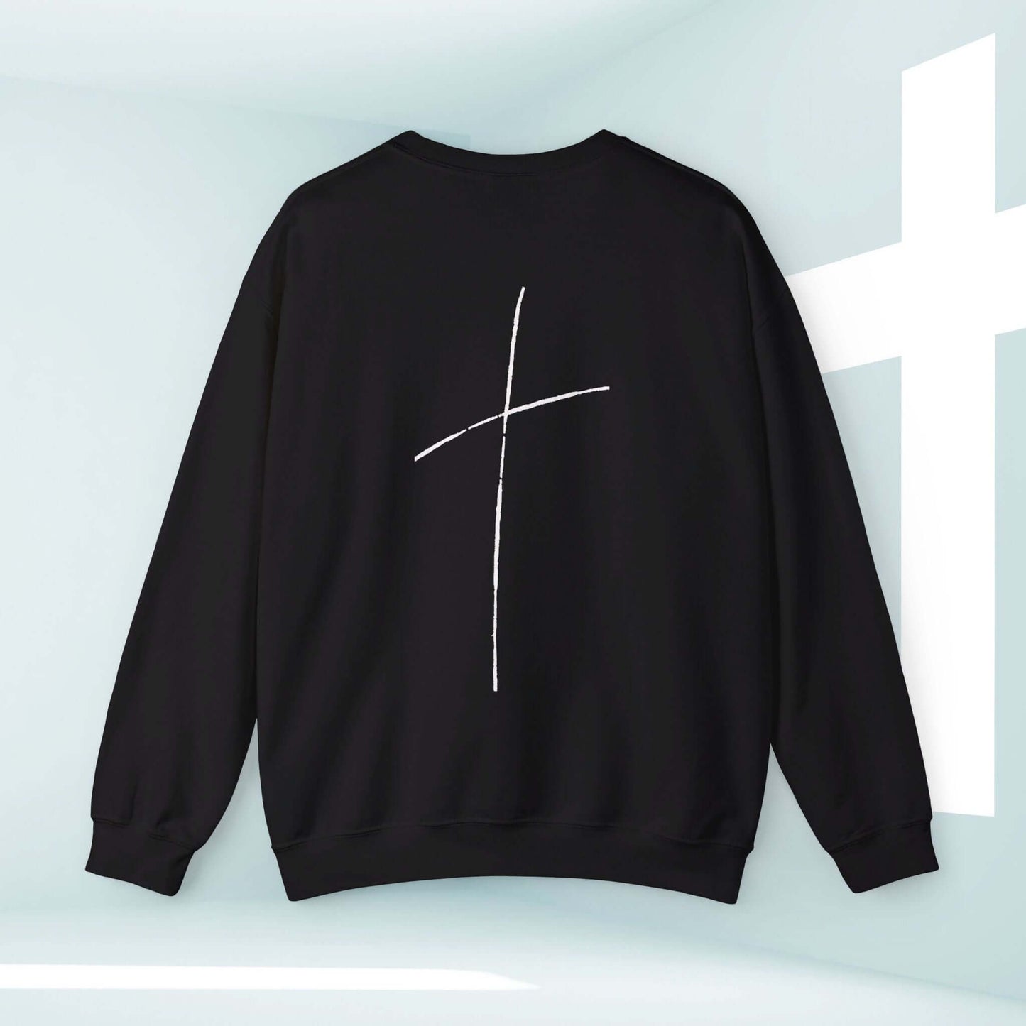 Black cross on back sweatshirt, Jesus Over Everything, perfect Christian apparel for faith-based inspiration and testimony.