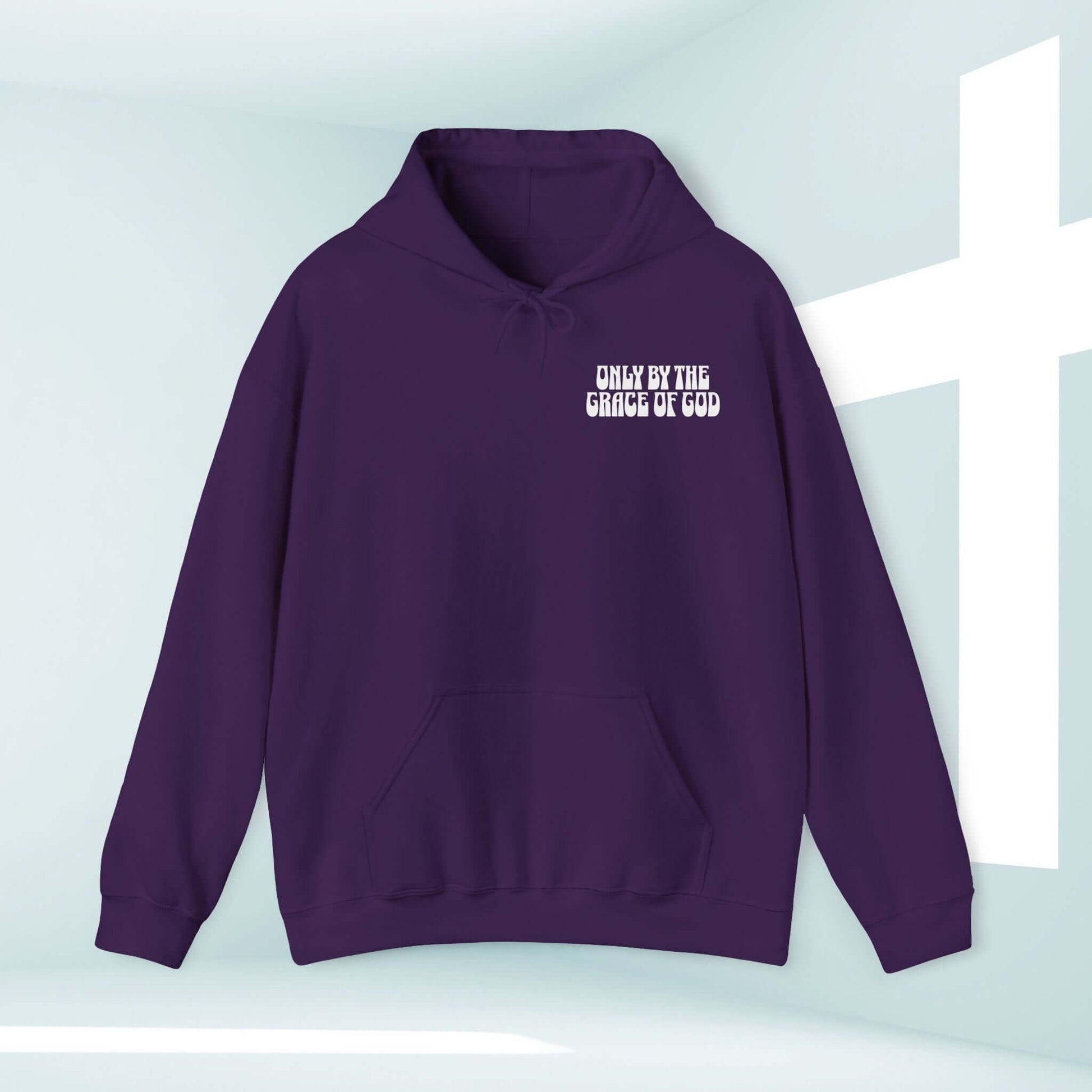 Christian hoodie with "Only By The Grace Of God" bible verse in purple, faith-based hooded sweatshirt, inspirational Christian apparel