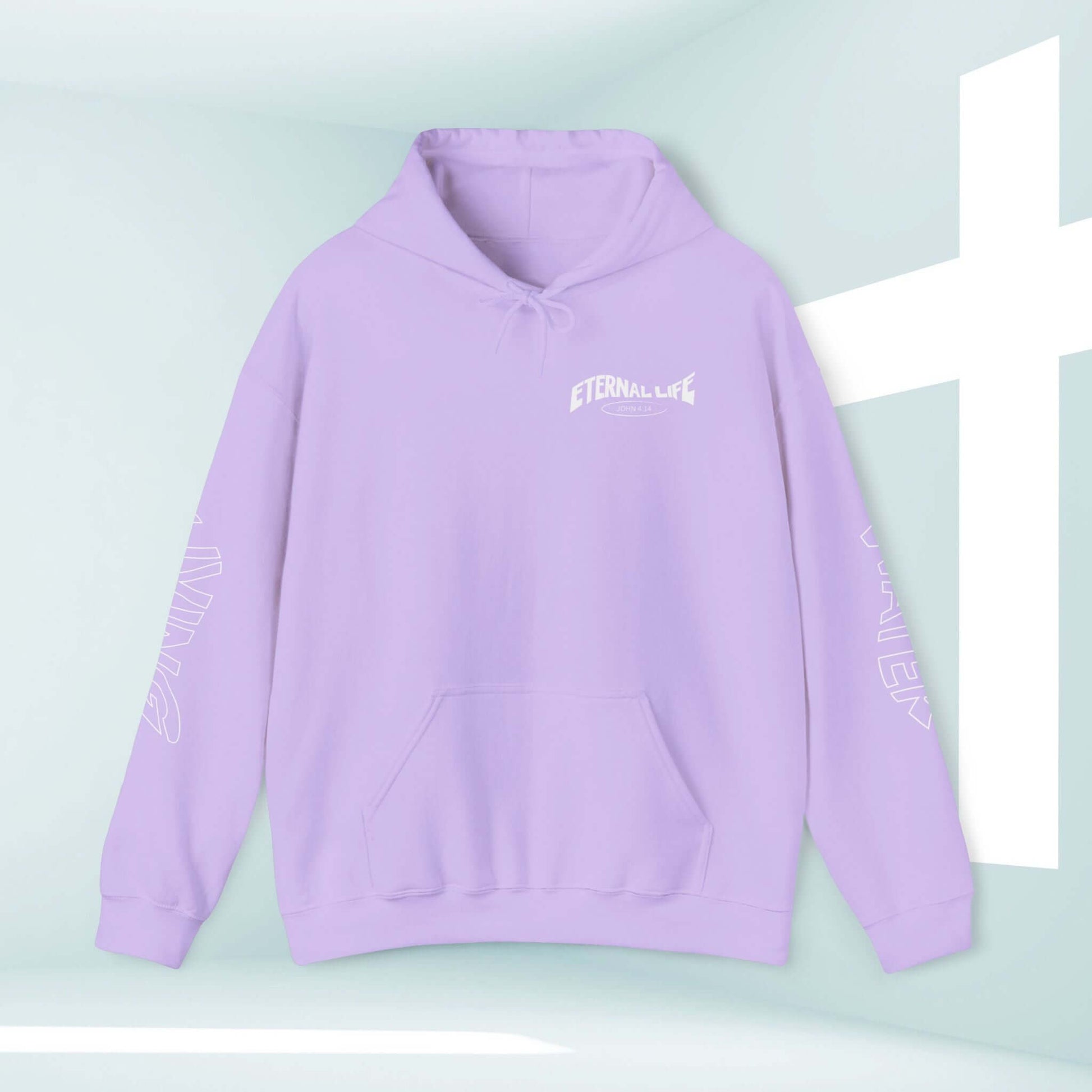 Unisex lavender Living Water Eternal Life Christian hoodie with faith-inspired graphics on sleeves, front, and back, shown against a light background