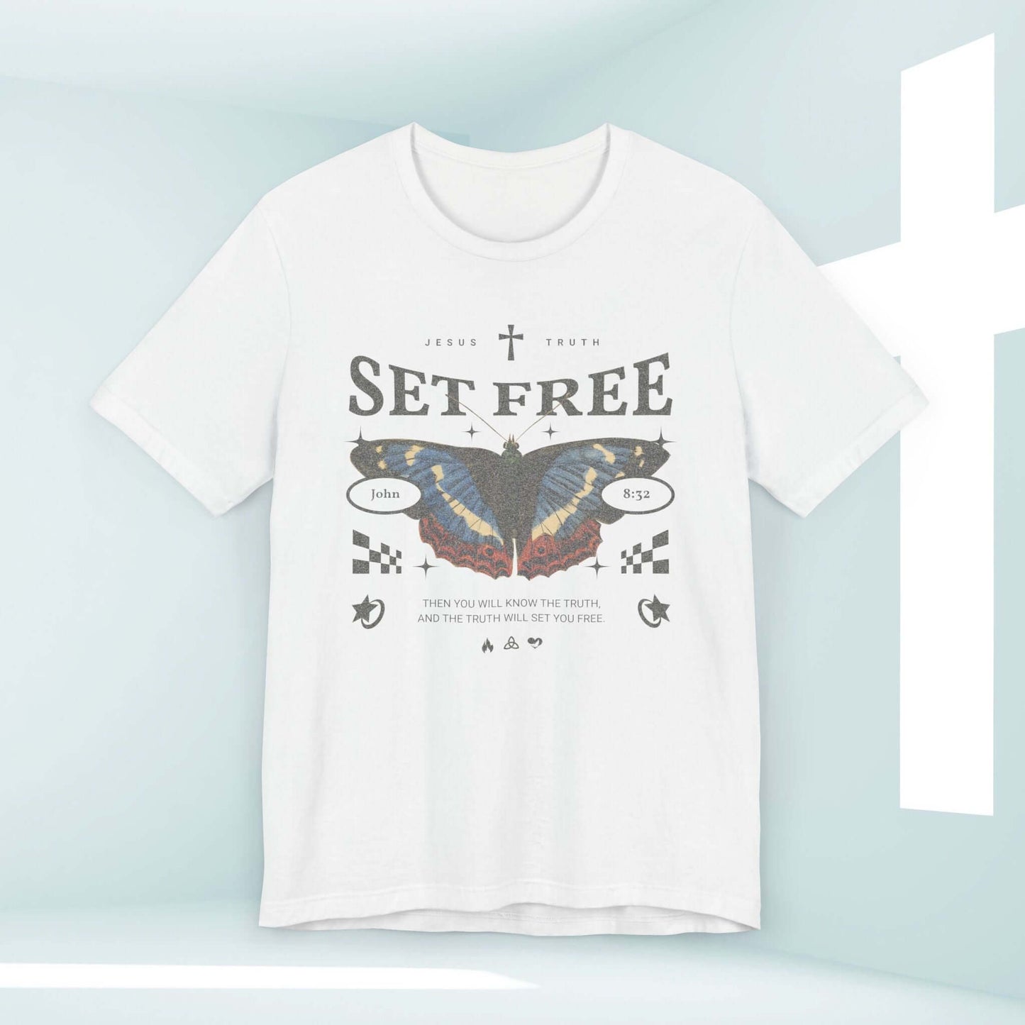 Butterfly Set Free Christian TShirt with Bible Verse Design in White - Christian Apparel, Set Free Shirt, Religious TShirt