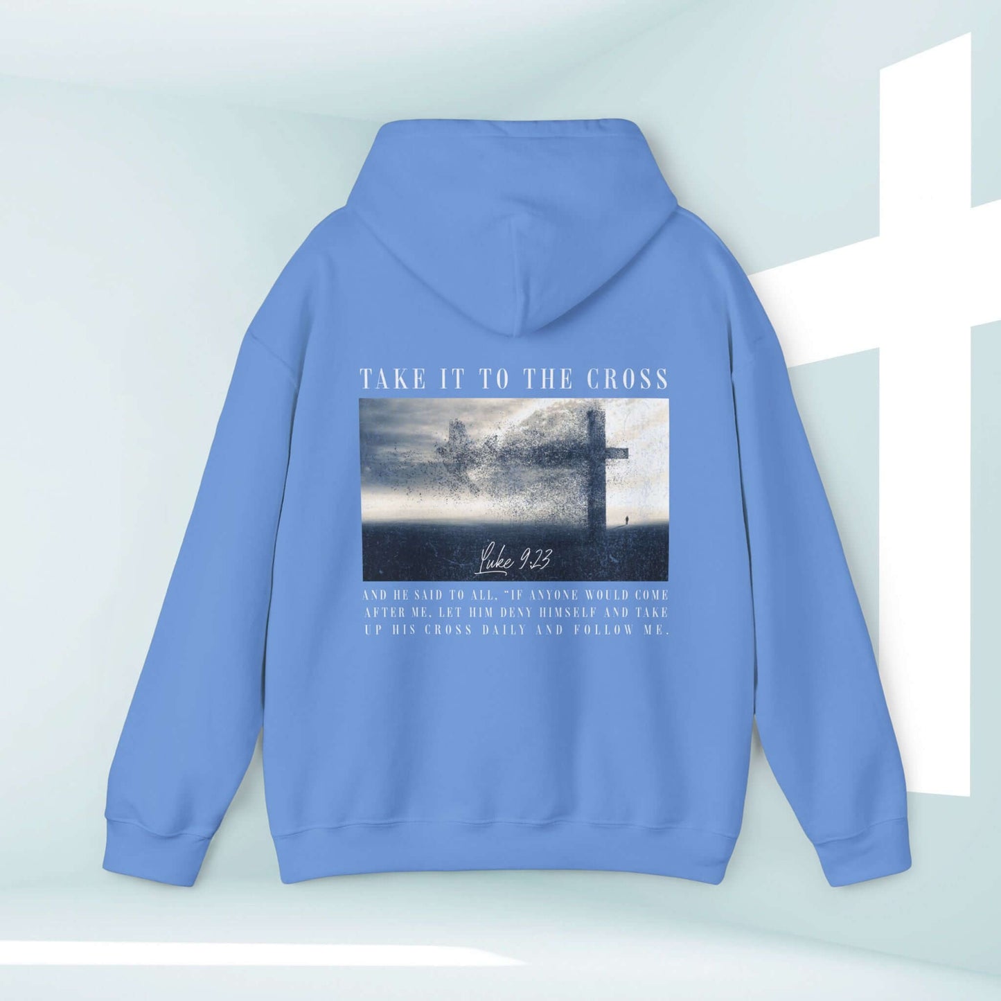 Light blue Take It To The Cross Christian hoodie with bible verse and cross graphic for men and women