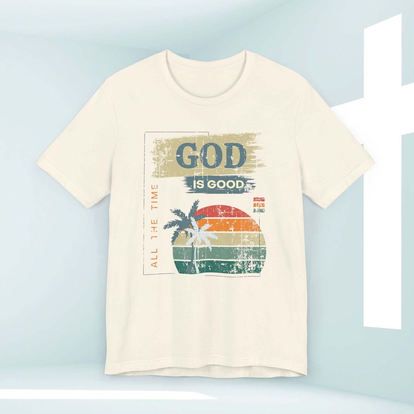 God Is Good All The Time Summer Women's Christian T-Shirt with palm tree graphic. Womans Christian tee, Bible verse shirt, Christian apparel.