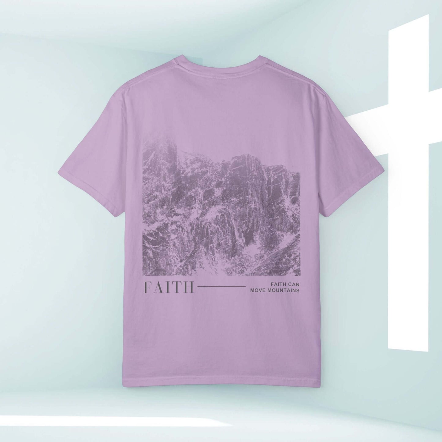 "Faith Can Move Mountains Christian T-Shirt in Lavender with Bible Verse Graphic - Inspirational Christian Apparel"