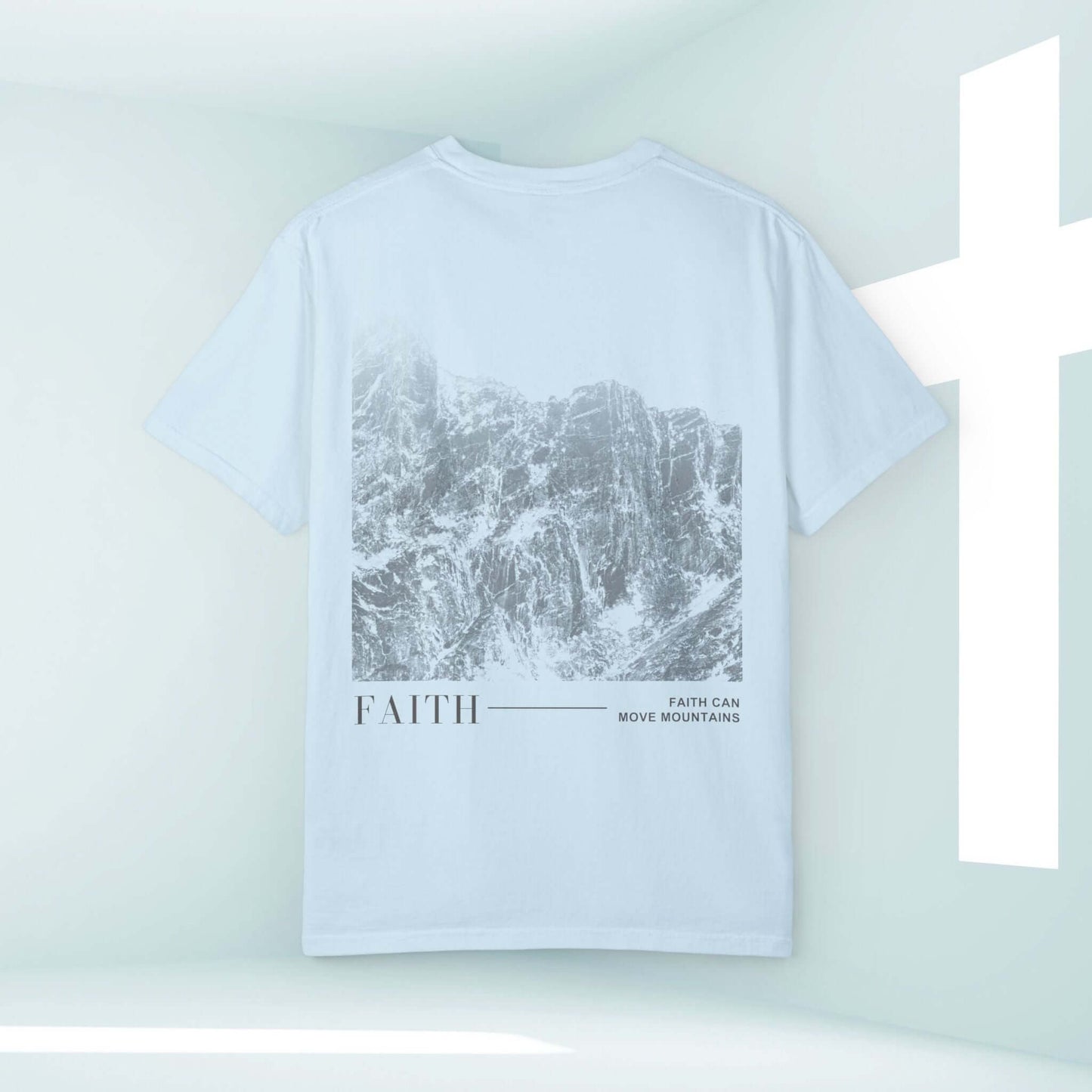 Faith Can Move Mountains Christian shirt with mountain graphic, Bible verse tee in white, inspirational Christian apparel for church and worship