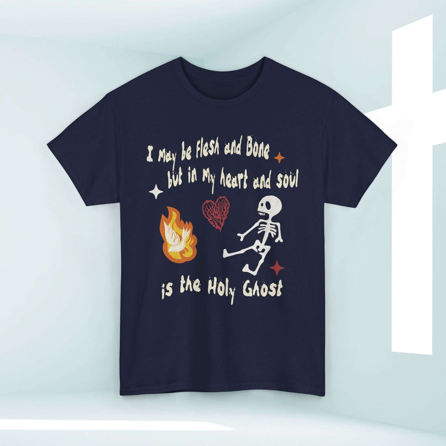 Christian Halloween shirt with dancing skeleton, heart, and flames, featuring "In My Heart and Soul is the Holy Ghost" design.