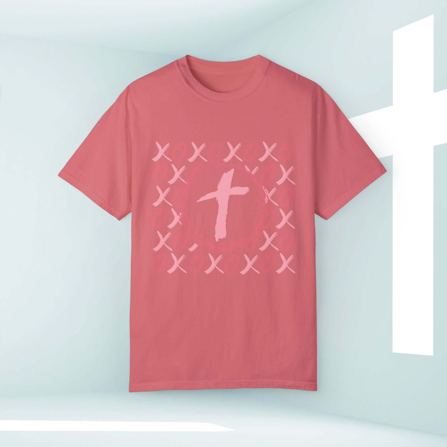 Christian Wedding Anniversary XOXO Heart Cross Love Shirt in pink, perfect for valentines day, engagement, and anniversary gifts.