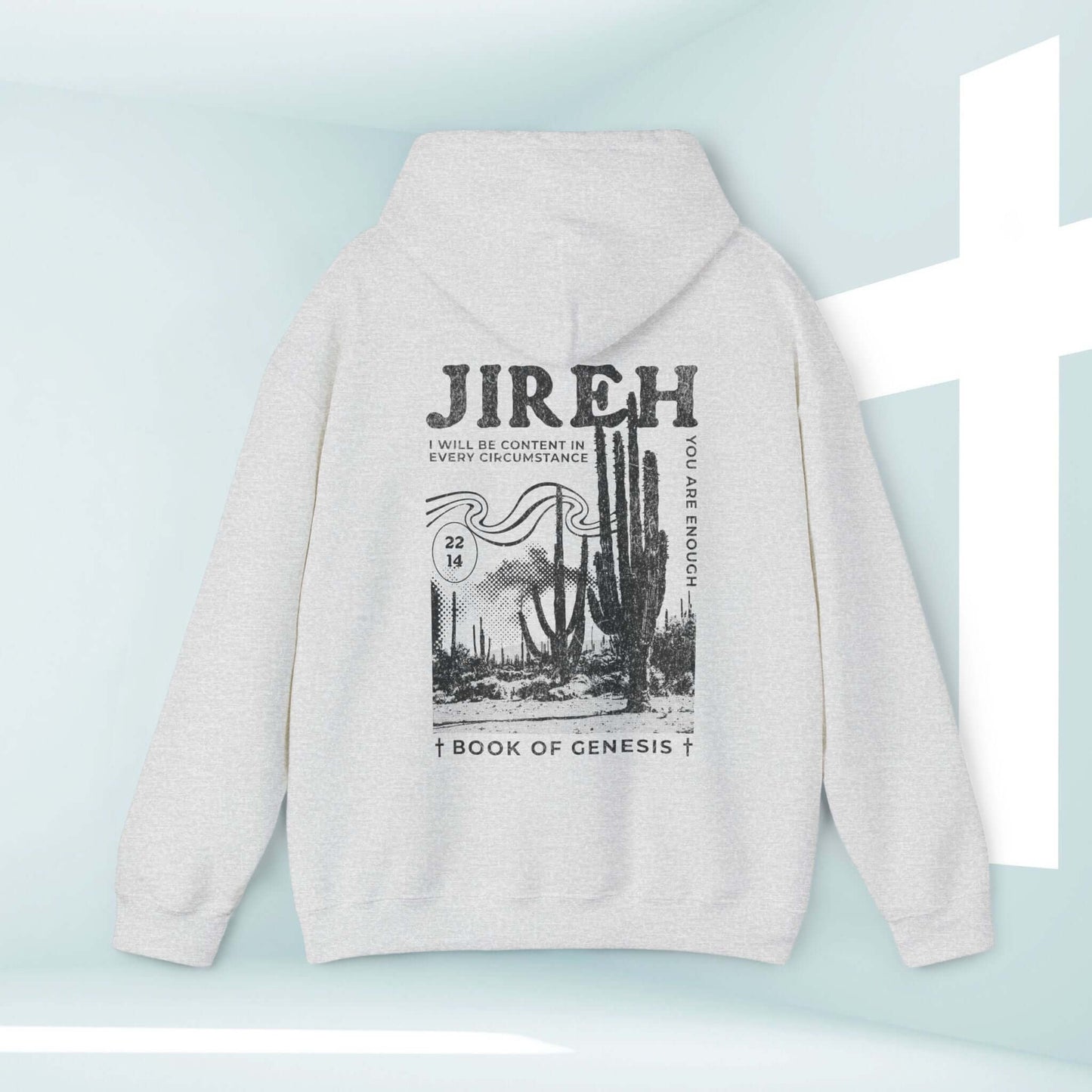 Jireh boho hooded sweatshirt with cactus design and Bible verse, Christian hoodie, inspirational faith-based apparel