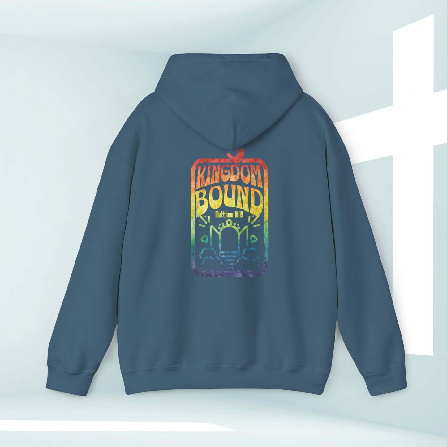 Kingdom Bound faith-based inspirational Christian hoodie with Bible verse graphic in rainbow colors, perfect for concerts and everyday wear