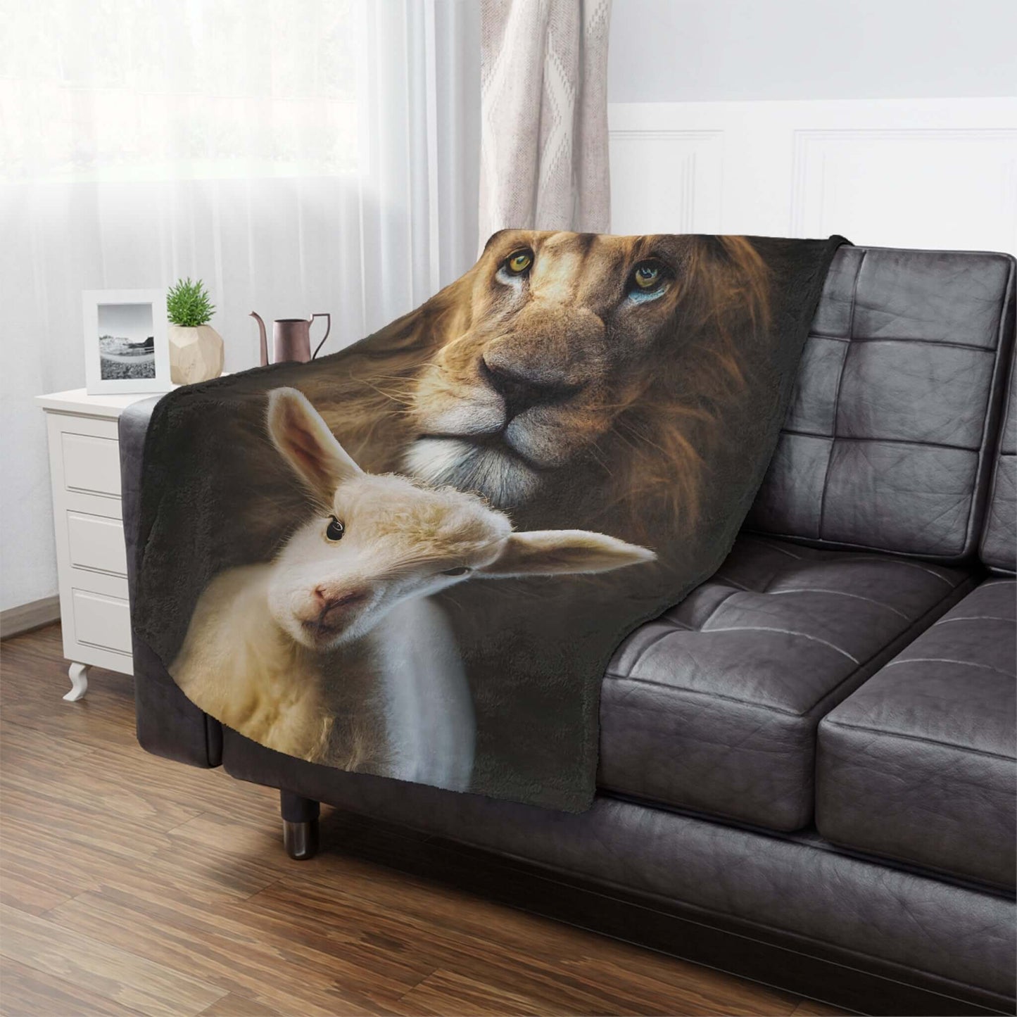 Christian fleece blanket featuring Lion of Judah and Lamb of God design, perfect for religious home decor and cozy Christian bedding.