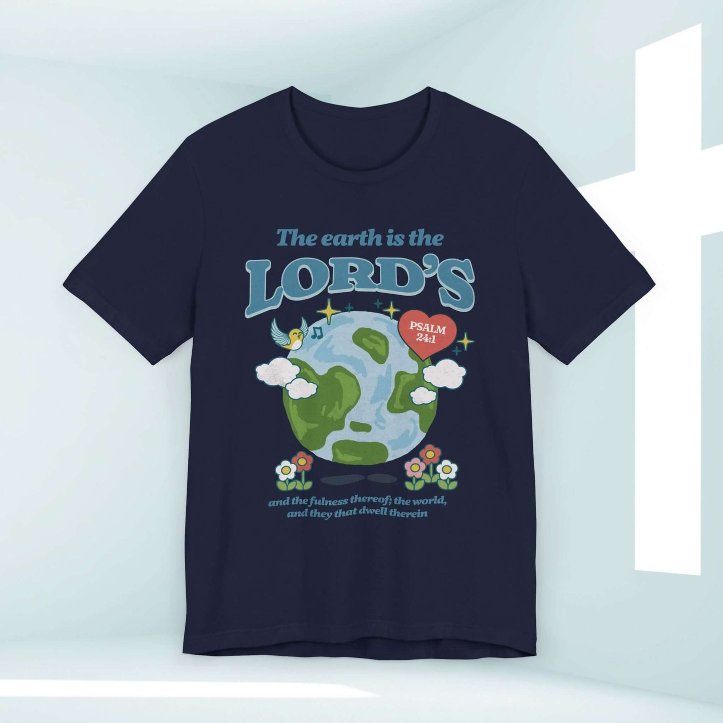 Christian camping earth day t-shirt with "The Earth Is The Lord's" Bible verse, nature graphic, and faith-based design.