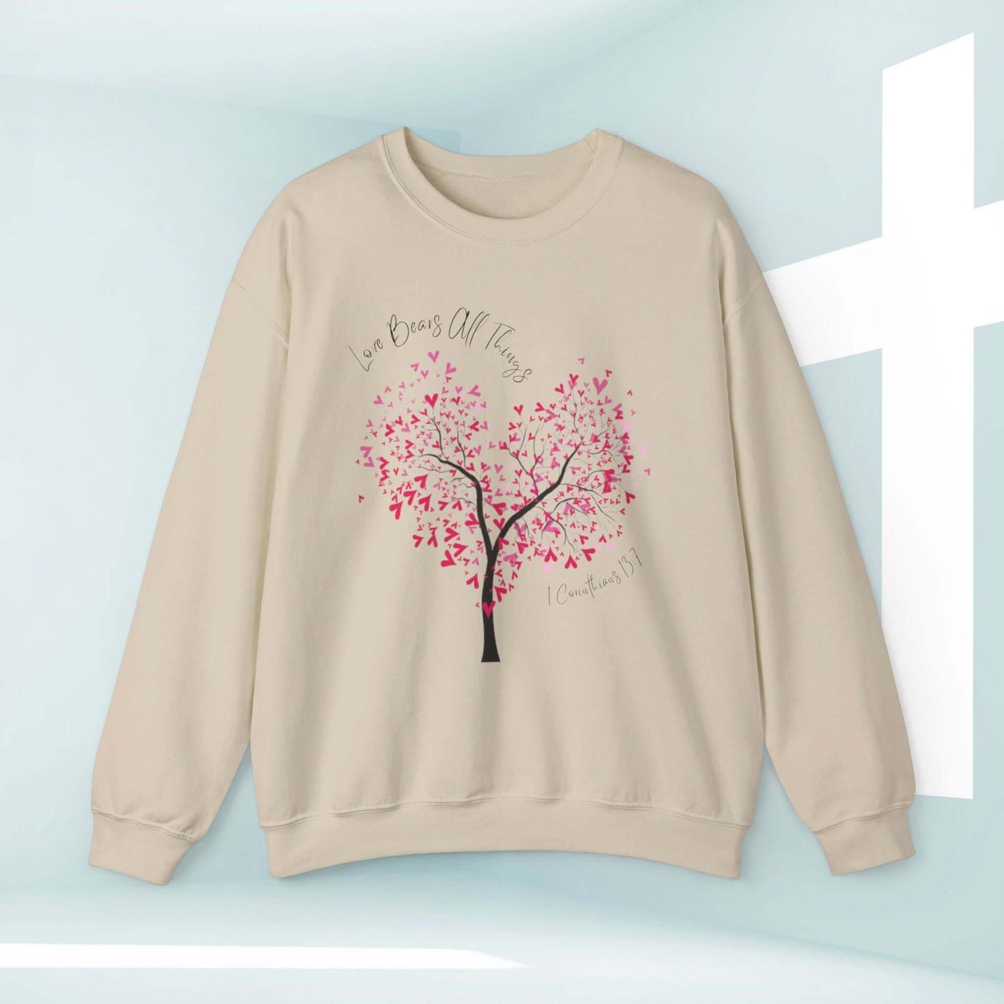 Christian Love Bears All Things tree heart wedding sweatshirt for Valentine's Day, perfect as a valentine's shirt, wedding gift, or anniversary gift