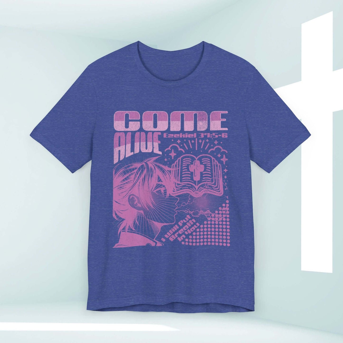 Come Alive Christian T-Shirt with Biblical Message and Retro Design in Blue