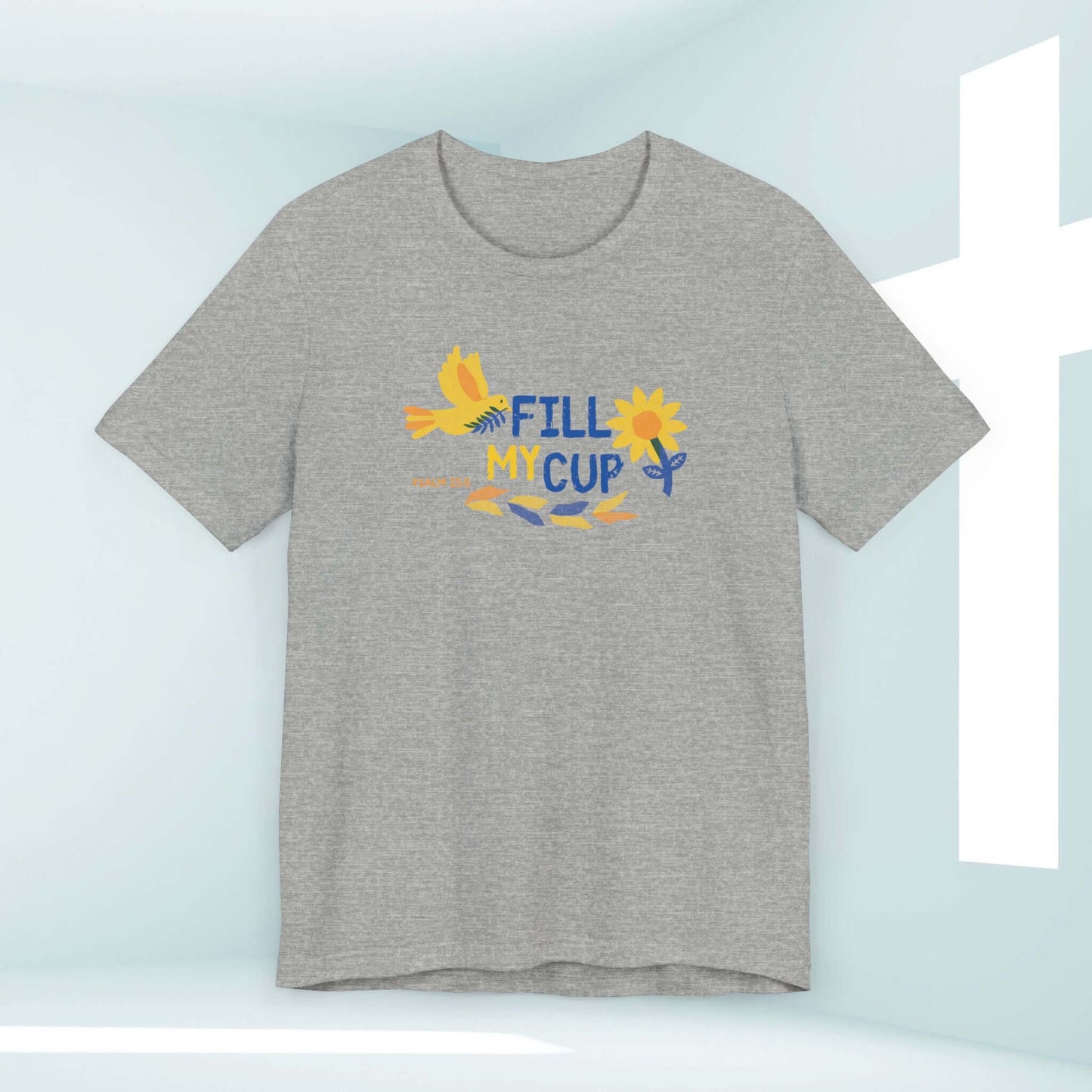 Floral Fill My Cup Bird and Flower Christian T-Shirt for Women - Faith-Based Bible Verse Shirt in Gray