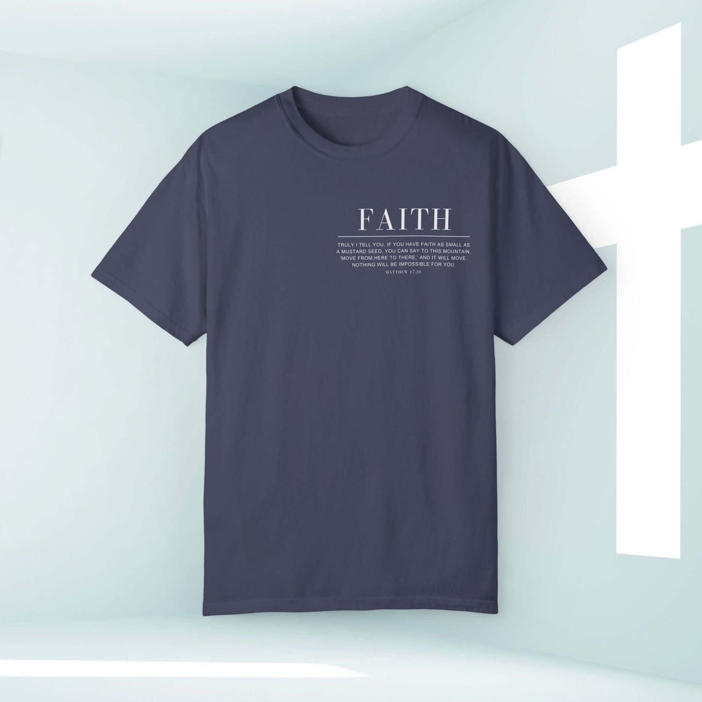 Faith Can Move Mountains Christian T-shirt with Bible Verse in Navy Blue, Inspirational Faith-Based Apparel for Worship, Church, and Testimony Sharing