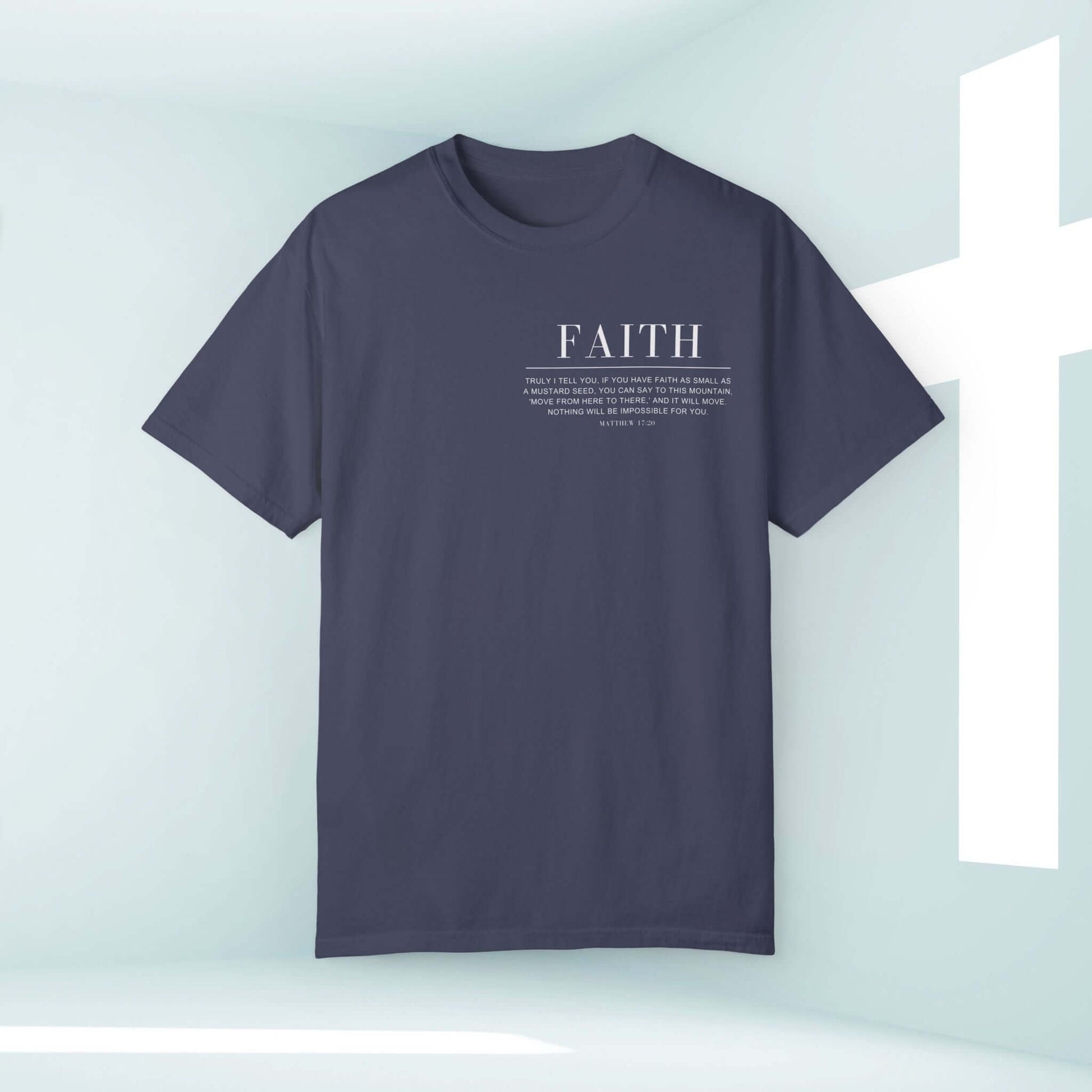 Faith Can Move Mountains Christian T-shirt with Bible Verse in Navy Blue, Inspirational Faith-Based Apparel for Worship, Church, and Testimony Sharing