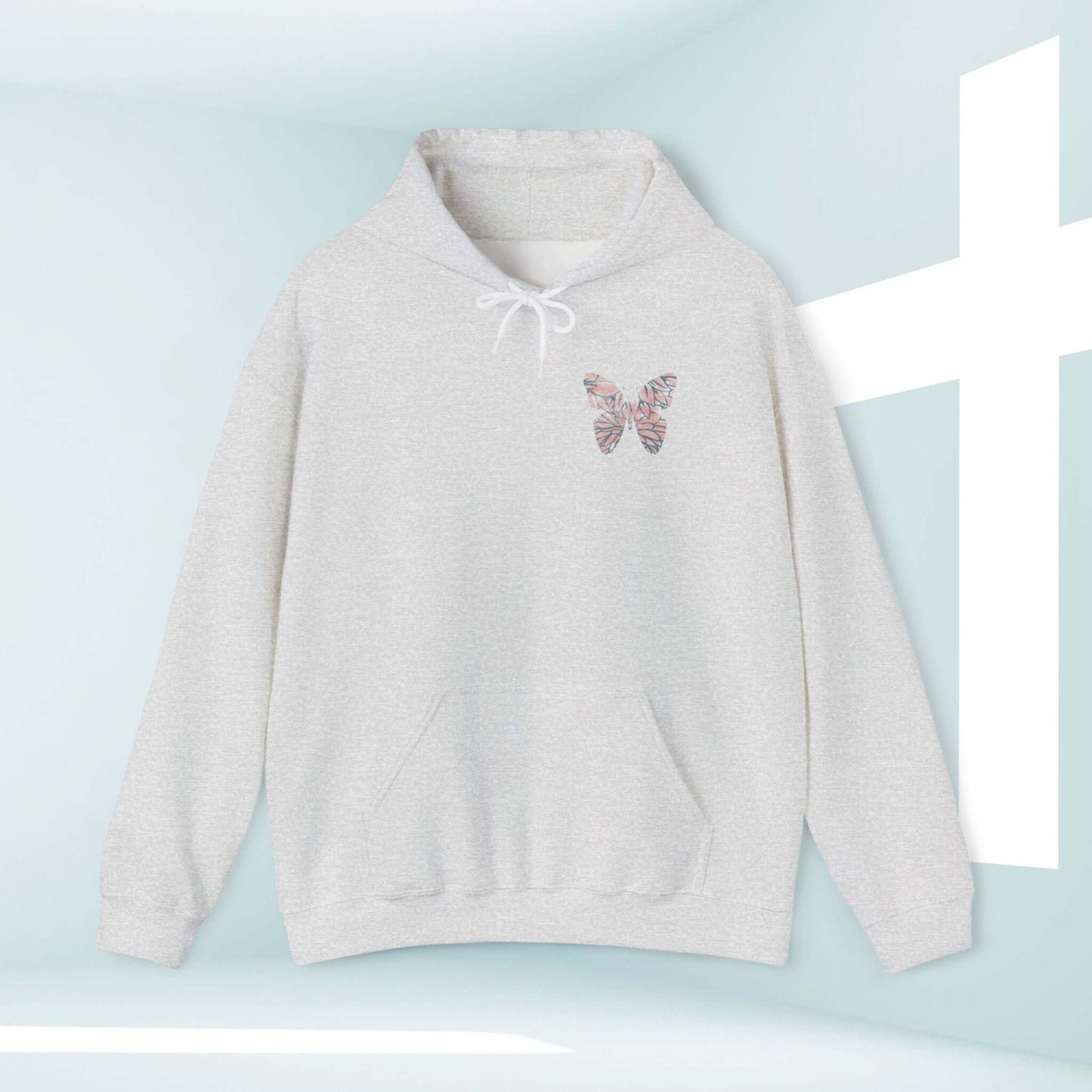 Butterfly Christian Hoodie - In Christ Is A New Creation Christian Apparel; faith-based hooded sweatshirt with butterfly design.