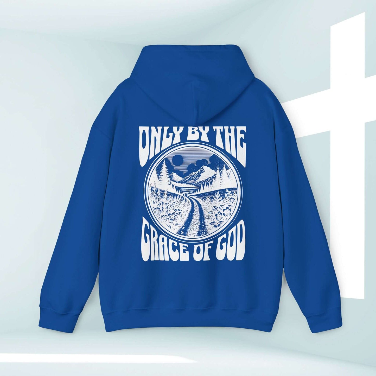 Only By The Grace Of God blue Christian hoodie with Bible verse design, featuring religious and inspirational graphics on a hooded sweatshirt