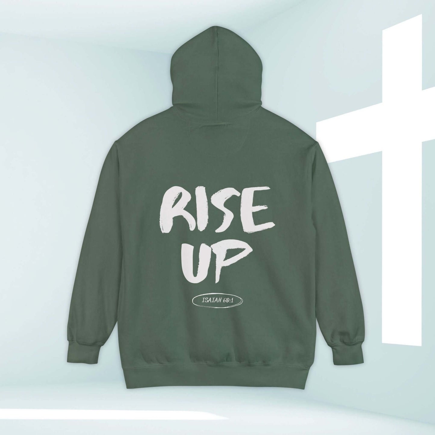 Green Rise Up Christian hoodie with Bible verse, featuring a white cross in the background, perfect for church apparel and faith-based inspiration