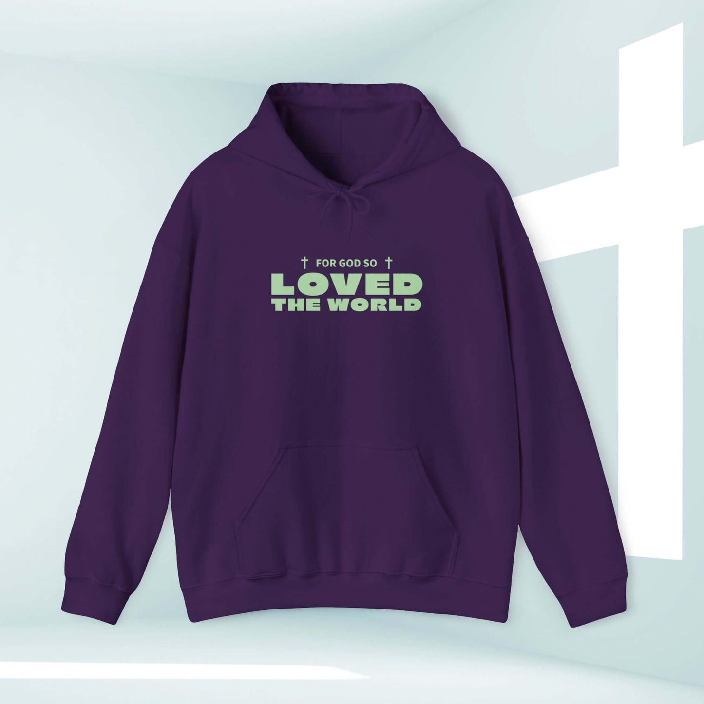 Trendy Christian hoodie featuring "For God So Loved The World" text, perfect faith apparel for sharing your testimony.