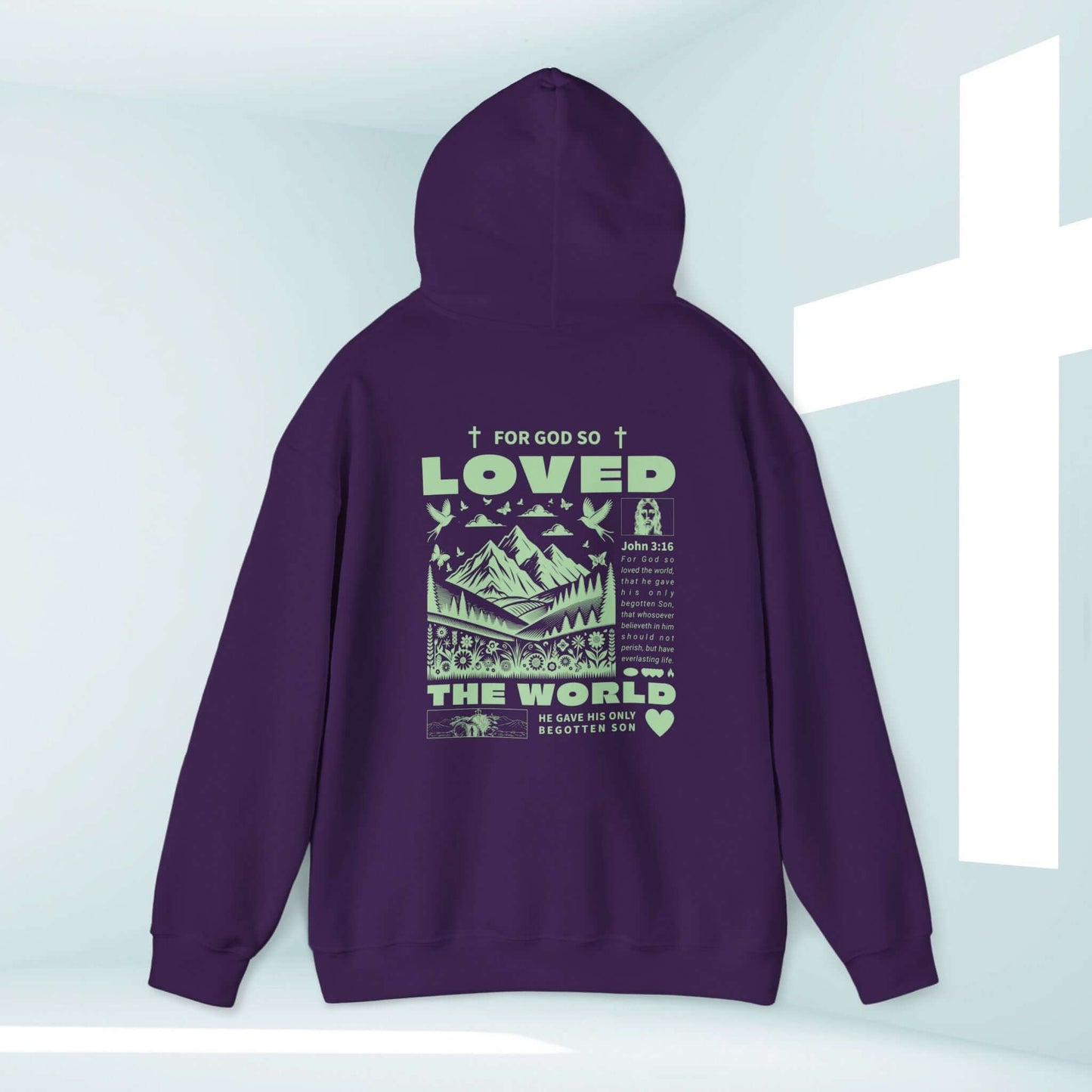 Trendy unisex Christian hoodie with John 3:16 "For God So Loved The World" bible verse design, perfect faith-based sweatshirt for all occasions