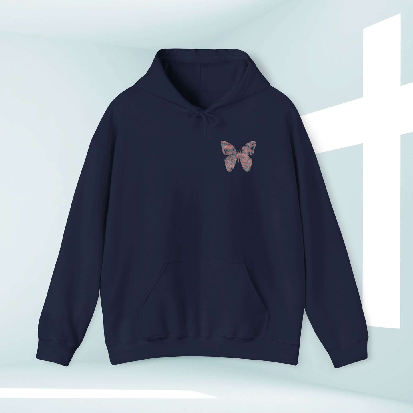 In Christ Is A New Creation Butterfly Christian Hoodie with a Bible verse, religious faith-based apparel, navy blue hooded sweatshirt.