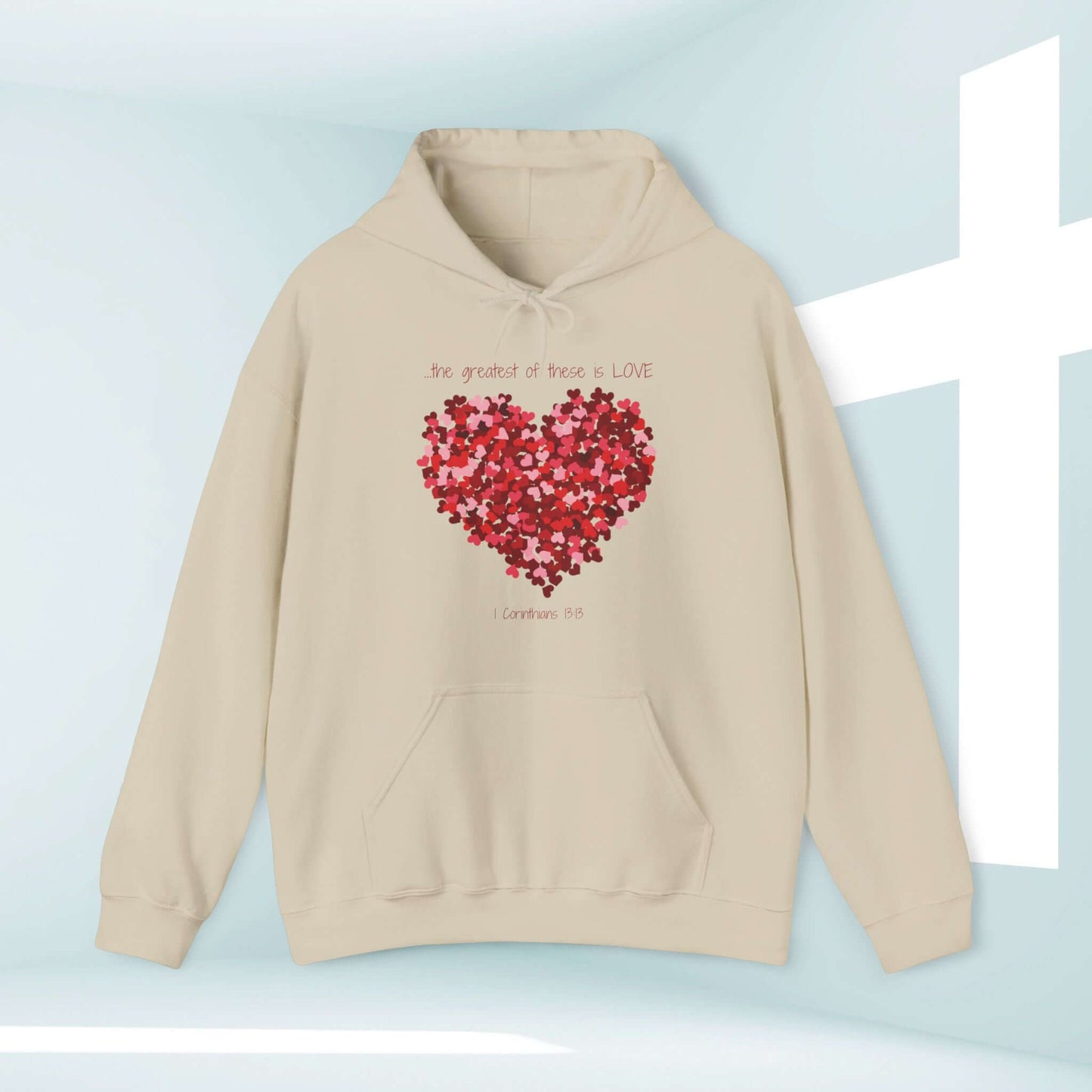 Christian Valentines Day hoodie featuring a heart design with Bible verse, perfect for anniversaries and gifts, cozy and inspirational.