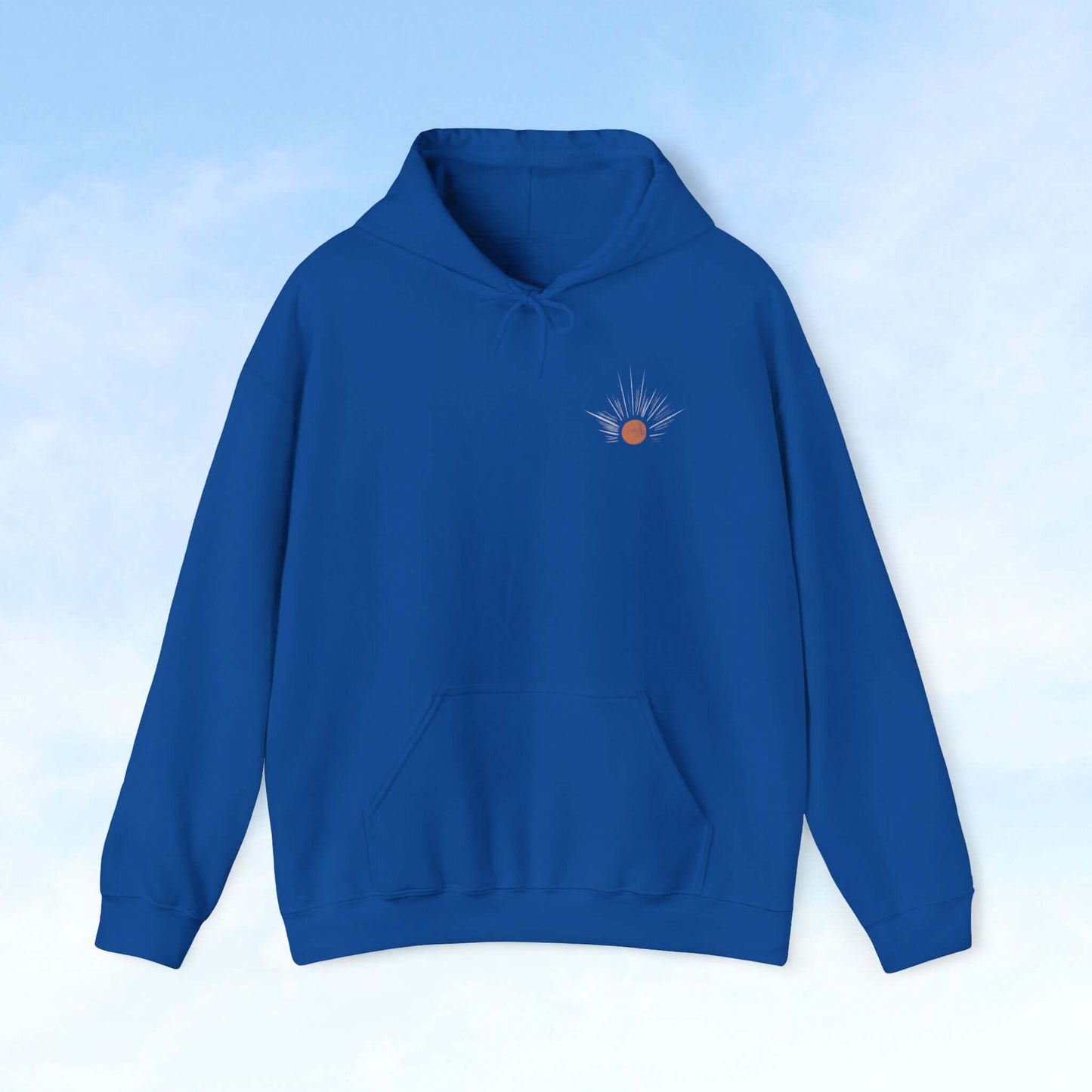 "Be The Light Sunburst Christian Hoodie in Blue with Celestial Sun Design - Sun Rays Christian Gift, Christian Clothing and Apparel"