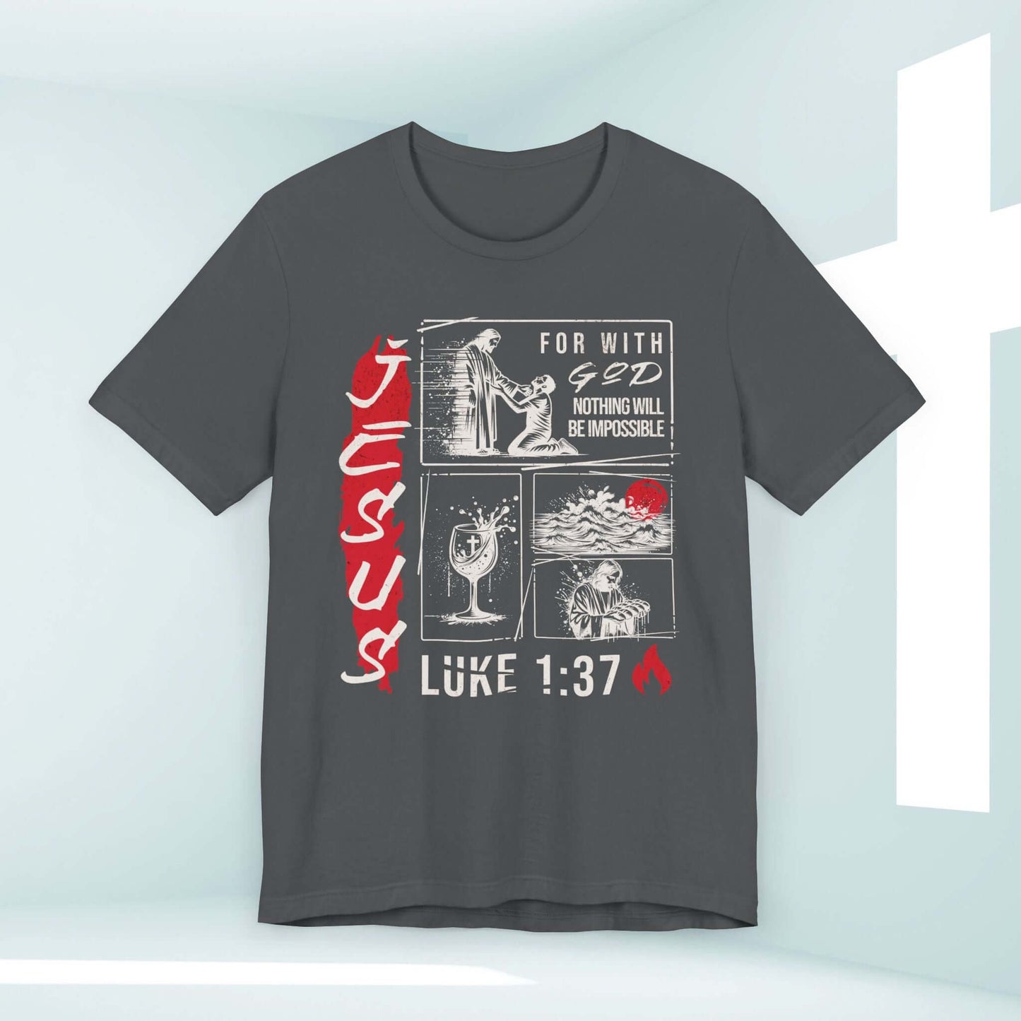 Mens Christian Shirt Jesus T-Shirt with Luke 1:37 Bible Verse, faith-based graphic tee for men, perfect godly gift for Father's Day or dad.