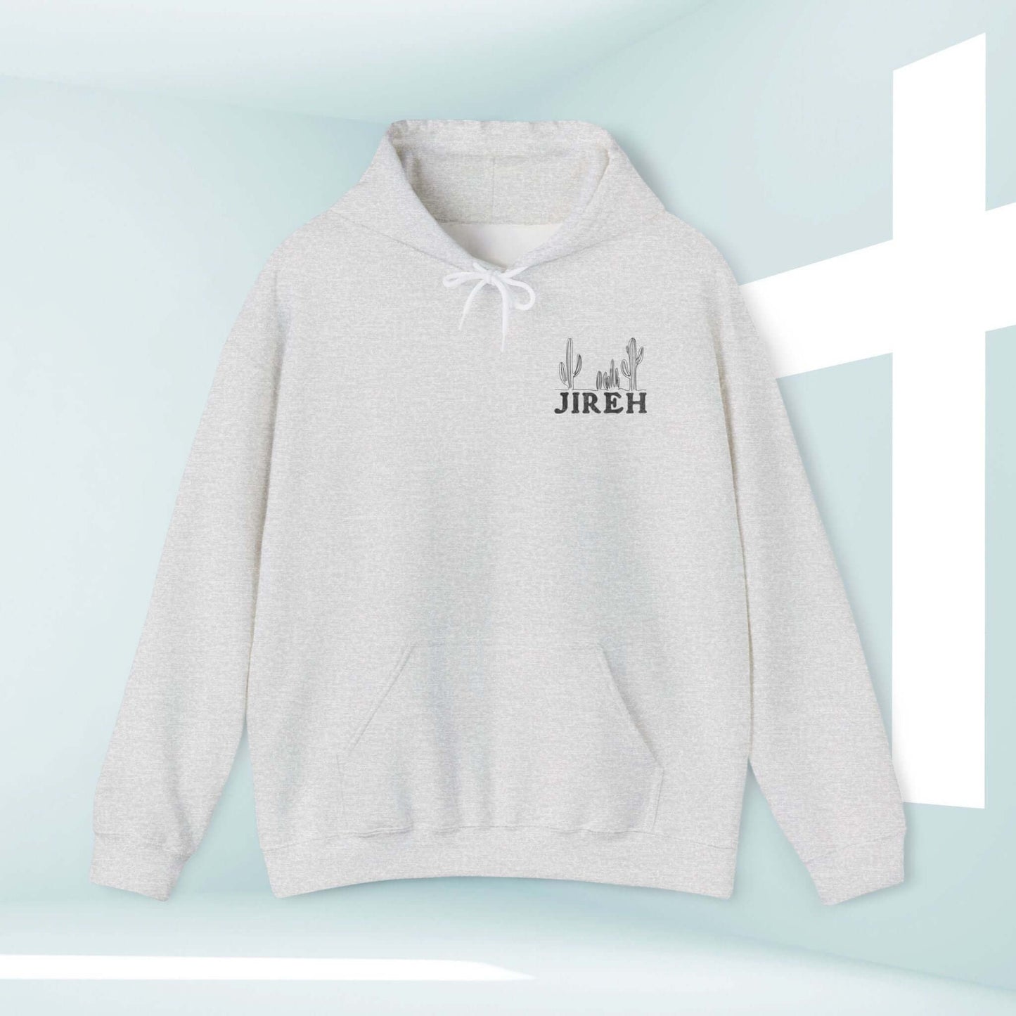 Jireh boho Christian hoodie with cactus design, promoting faith-based inspirational apparel.