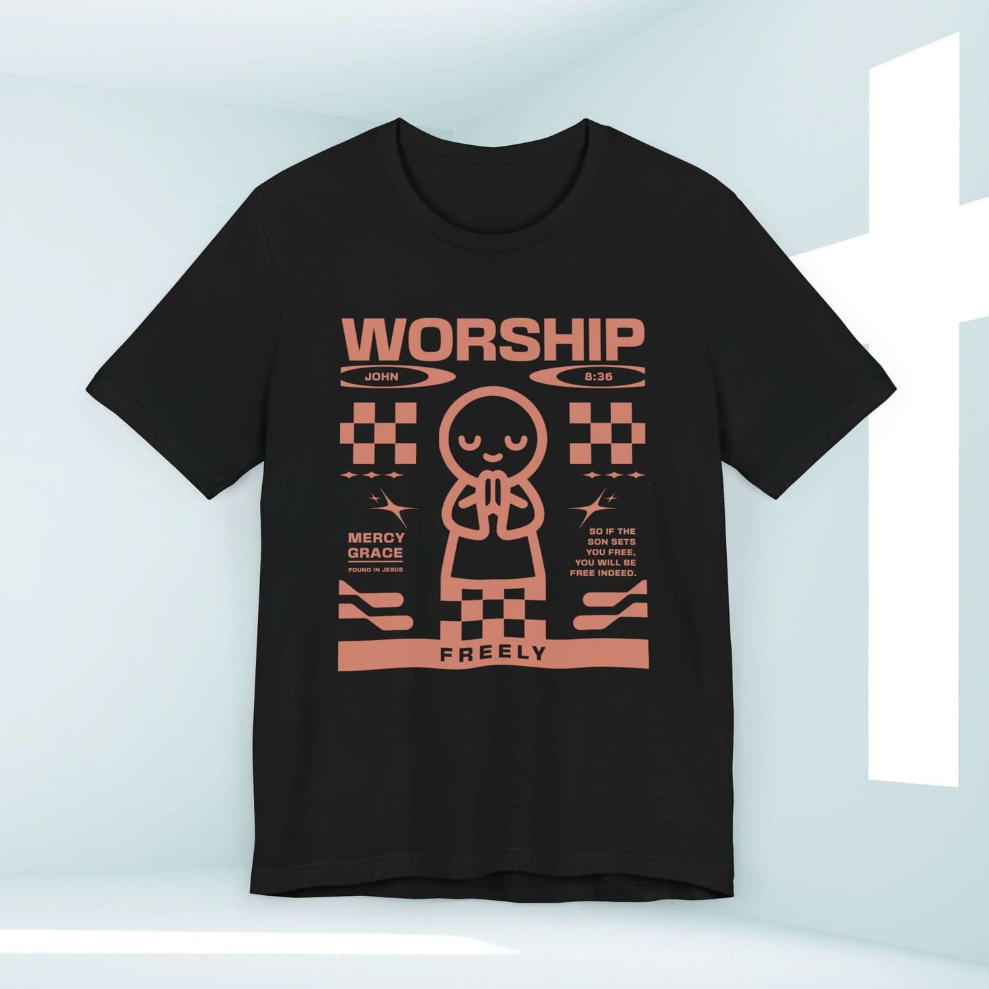 Worship Freely Christian T-Shirt with John 8:36 design, expressing faith and praise, ideal for church, prayer, and spreading Christian message.