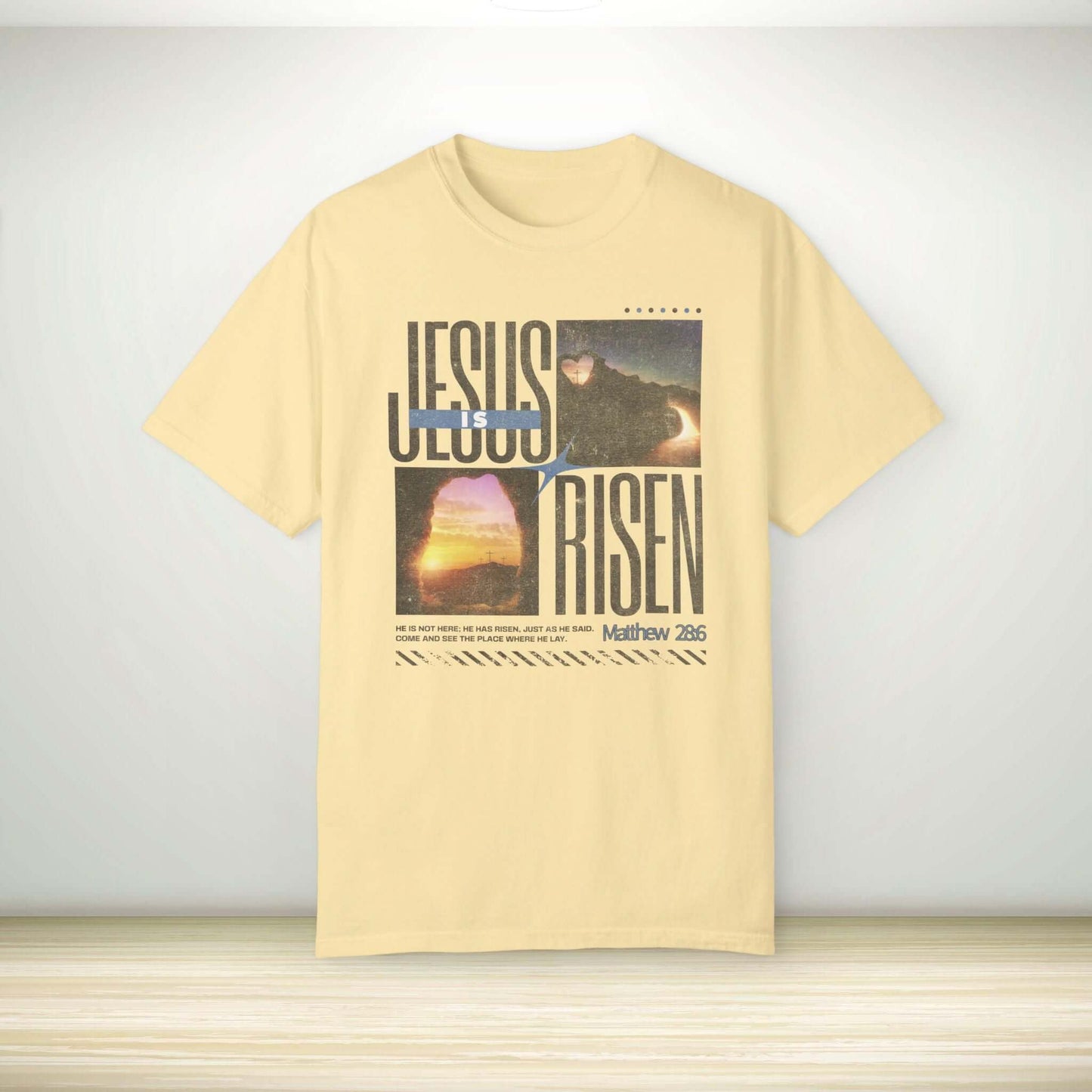 Jesus Is Risen Easter shirt with Bible verse Matthew 28:6, perfect religious Christian Easter tshirt, faith-based apparel, Easter gift