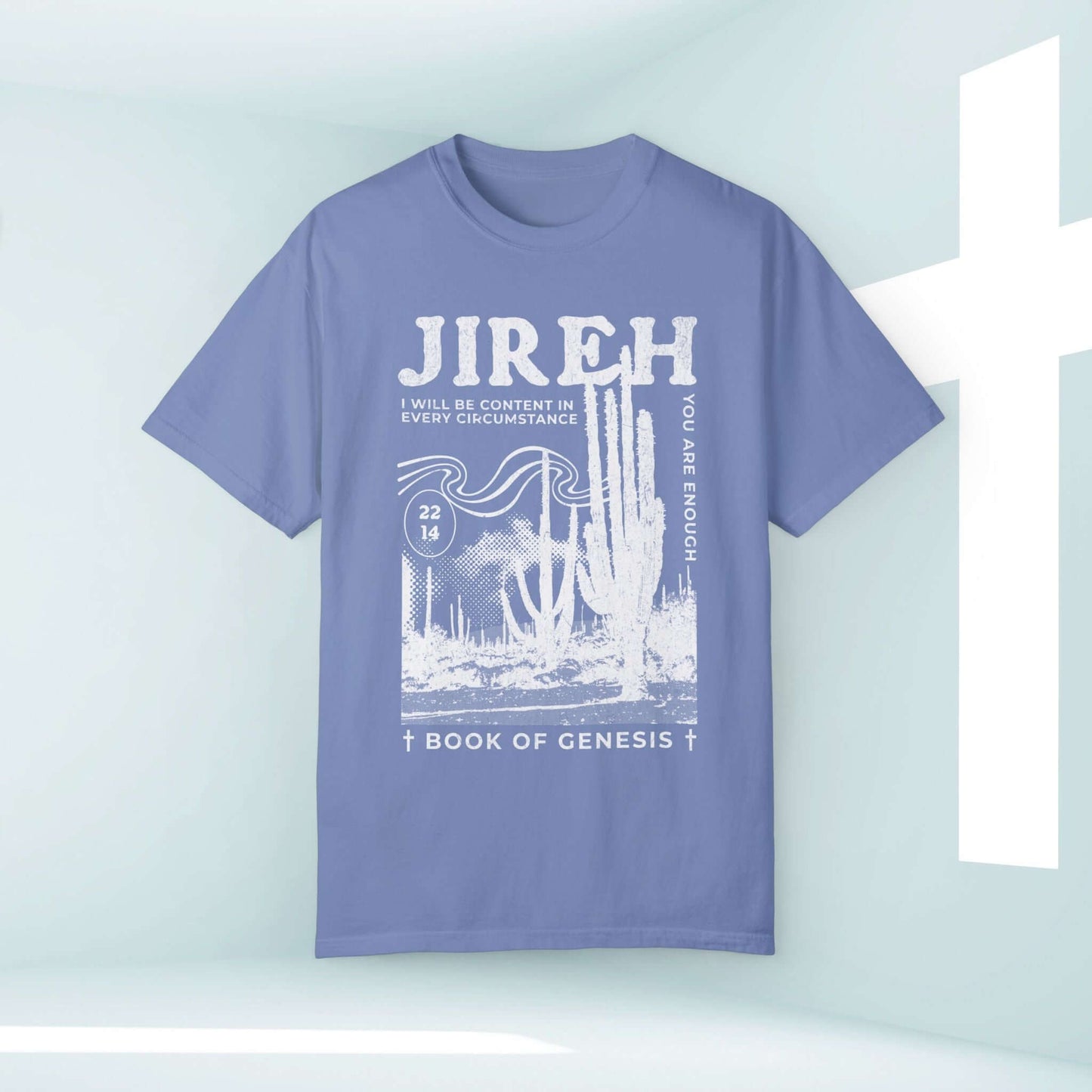 Jireh Christian t-shirt with cactus design, Book of Genesis verse and inspirational message, faith-based religious clothing, blue tee