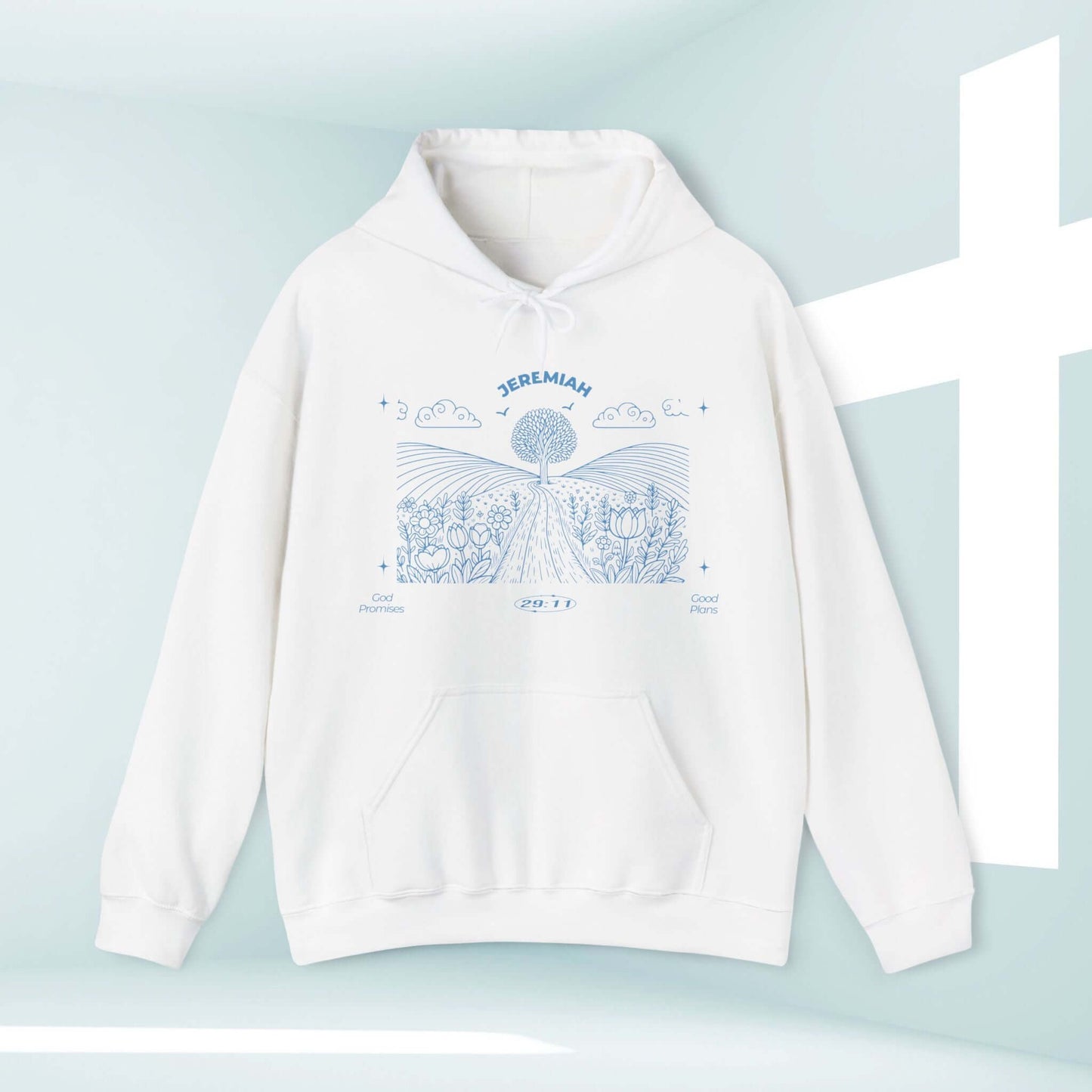 White Christian hoodie with "For I Know The Plans" Bible verse featuring Jeremiah design, perfect faith-based, inspirational religious apparel