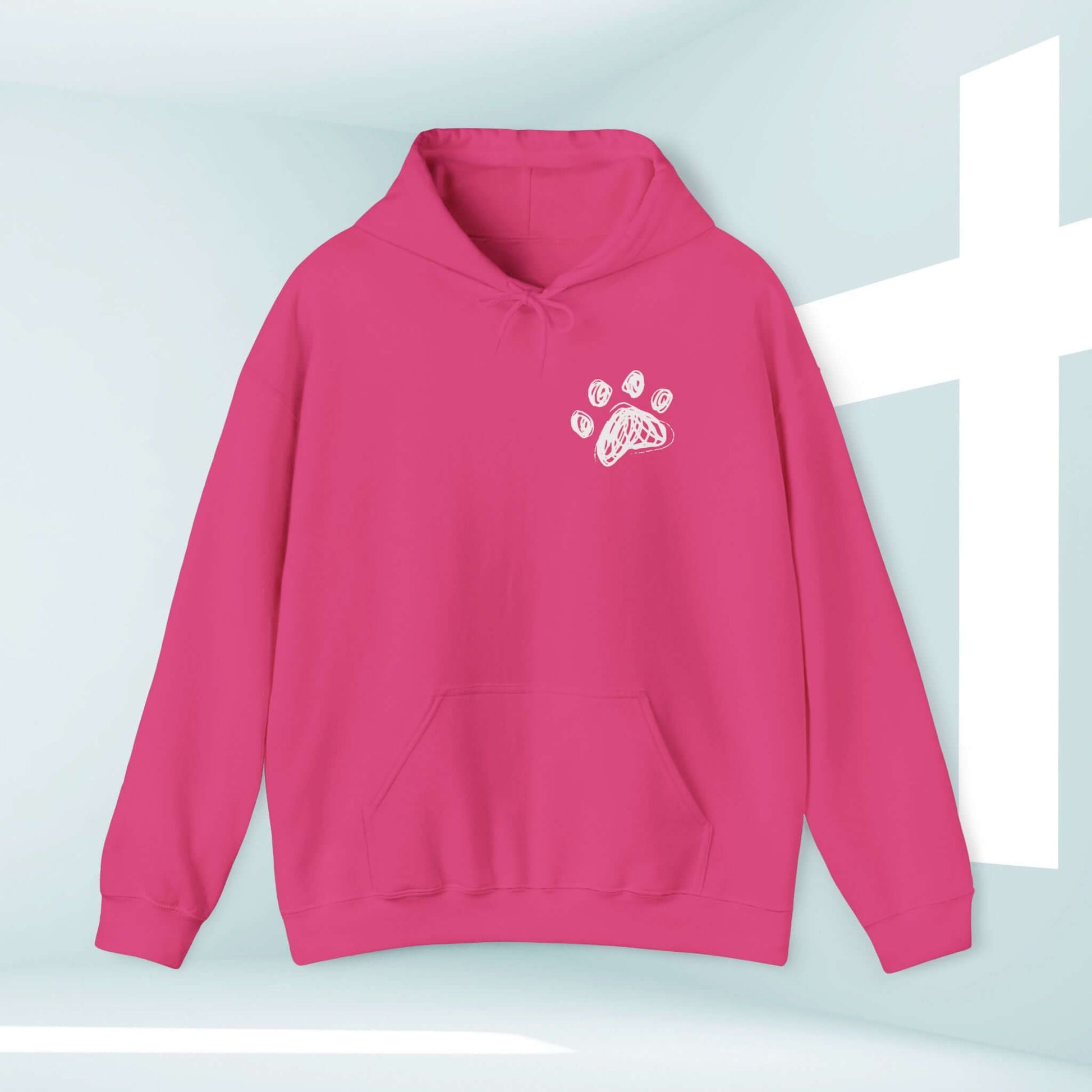 Pink Dog Mom Christian hoodie with paw print design, perfect for dog lovers and animal lovers, combining faith with trendy fashion.