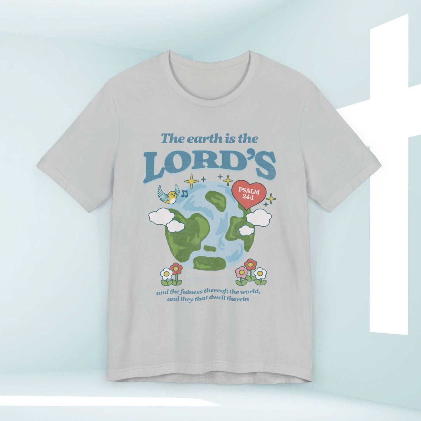 Christian camping nature shirt with "The Earth Is The Lord's" bible verse design for Earth Day.