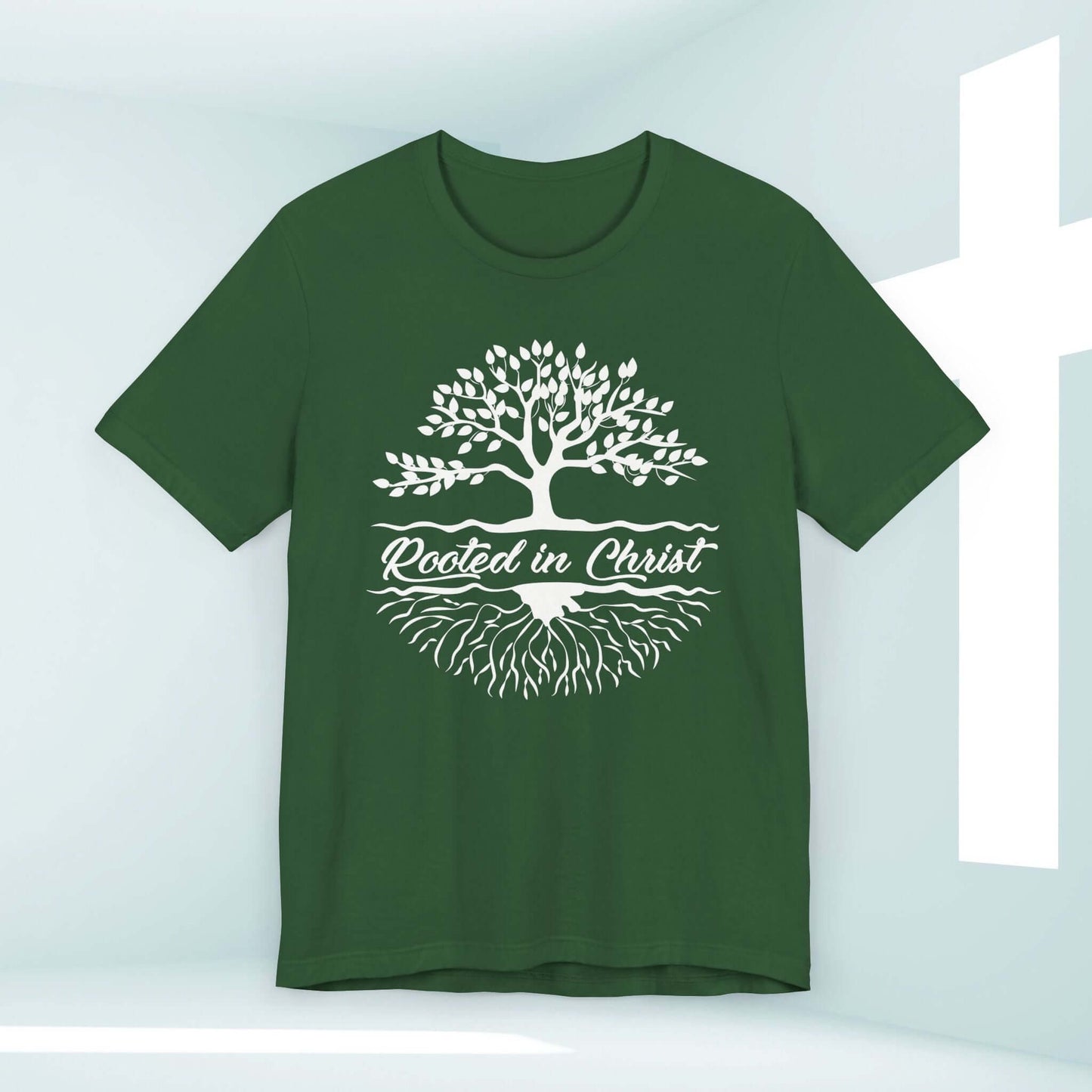 Rooted In Christ Men's Christian Shirt with Tree Graphic for Camping, Nature, and Faith-Based Inspirational Outdoor Activities