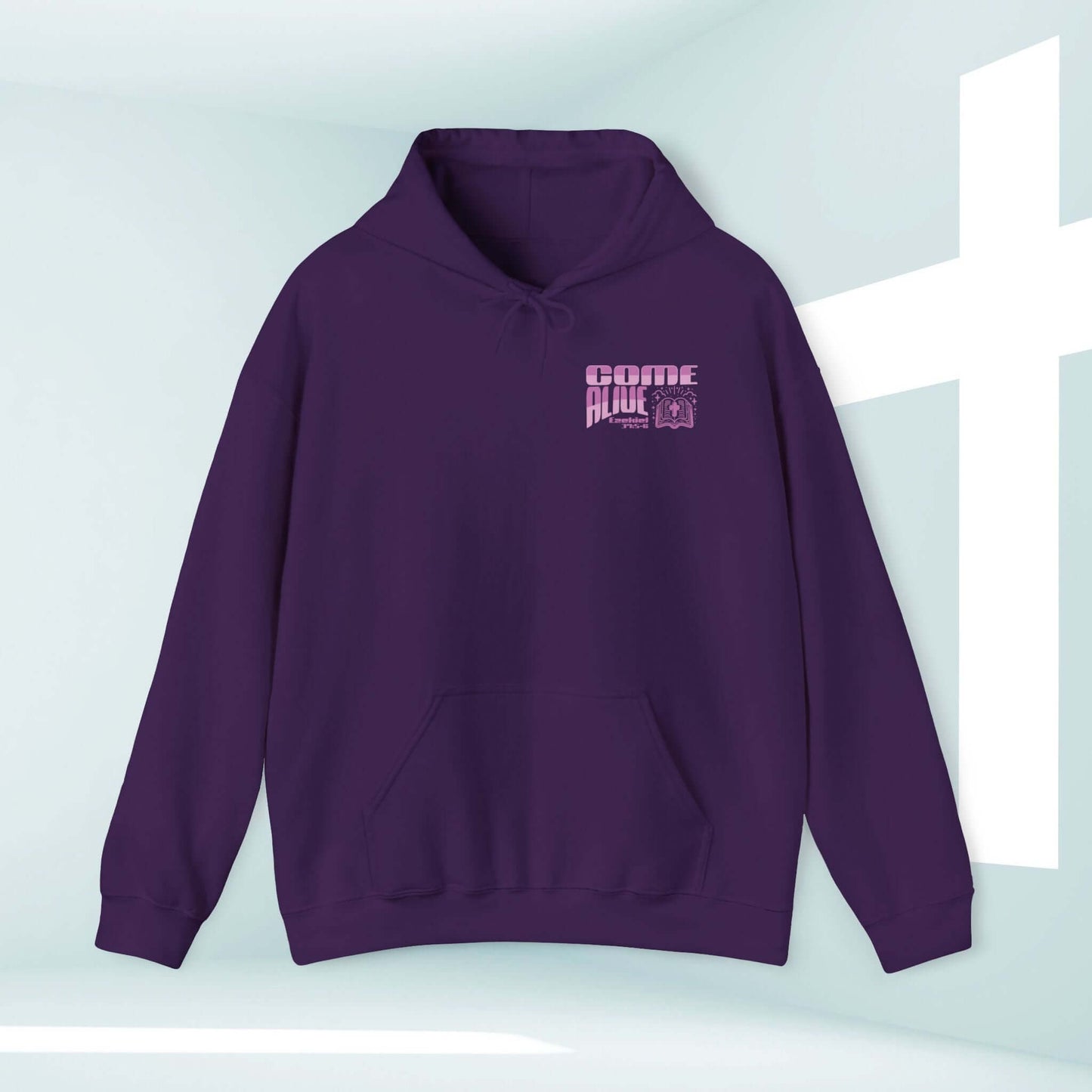 Christian hoodie with "Come Alive" design and bible verse, faith-based streetwear pullover sweatshirt in purple