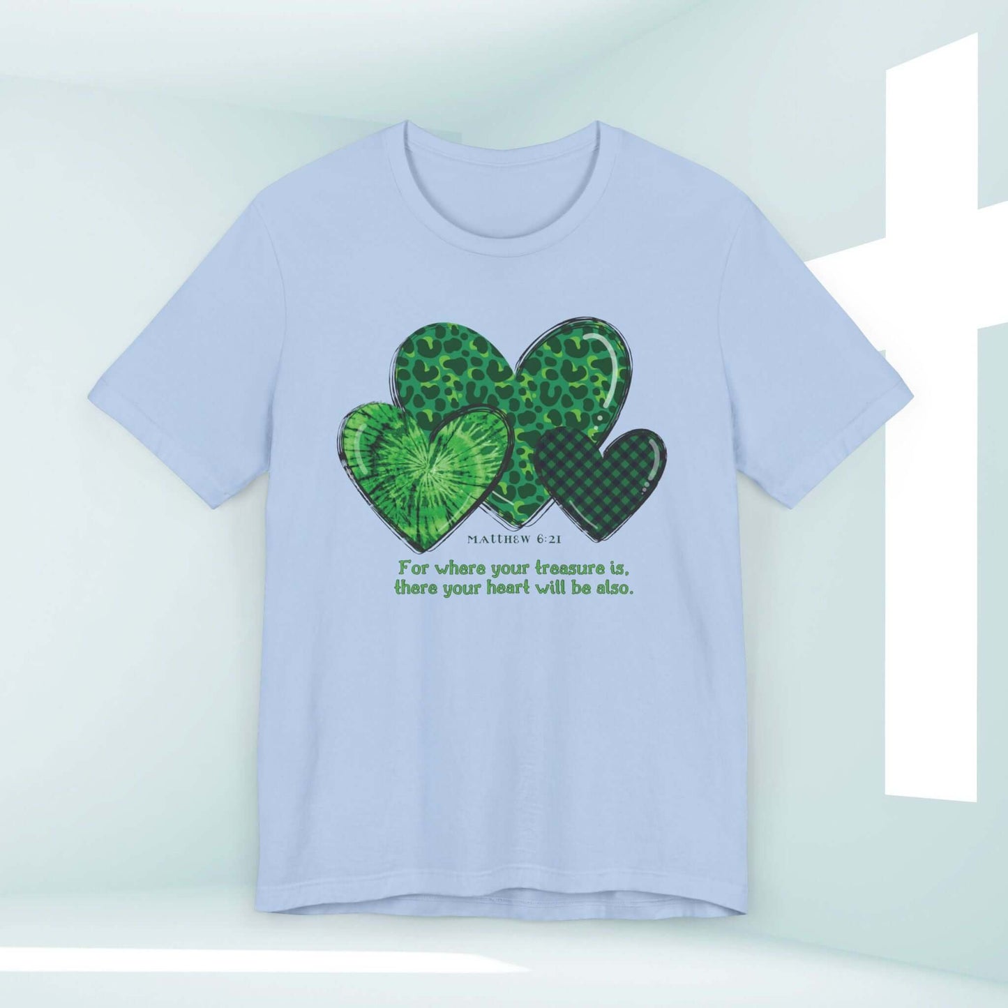 Christian Shamrock St Patrick's Day Shirt with Bible Verse on Heart Clovers