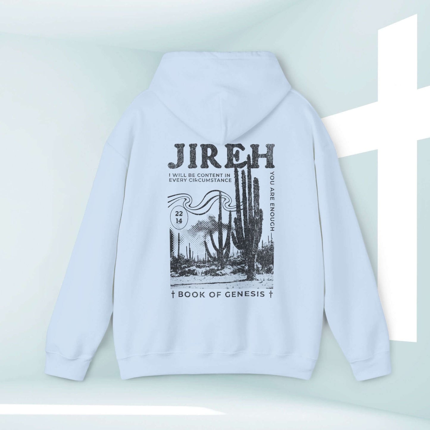 Light blue Jireh Christian hoodie featuring Bible verse and cactus design, inspirational religious hooded sweatshirt, boho hoodie style