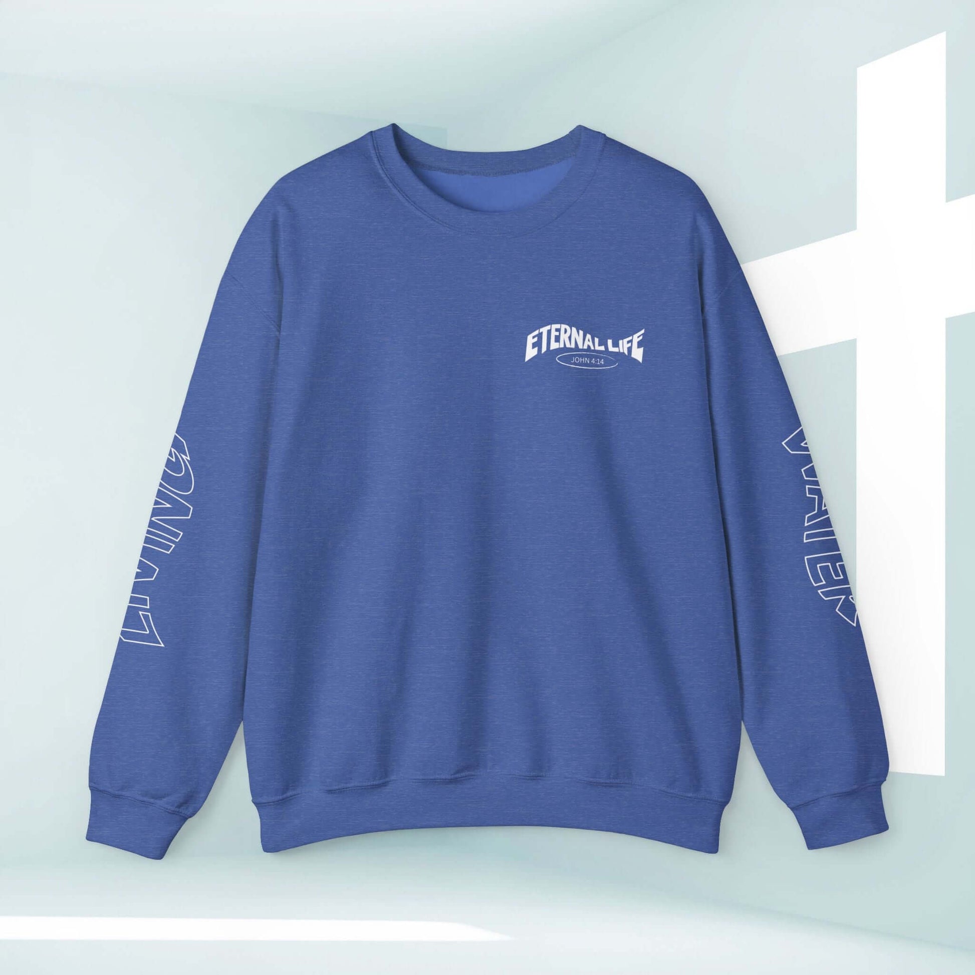 "Blue Christian sweatshirt with 'Eternal Life' design on sleeves and front, faith apparel, perfect pastor wife gift, inspirational religious shirt"