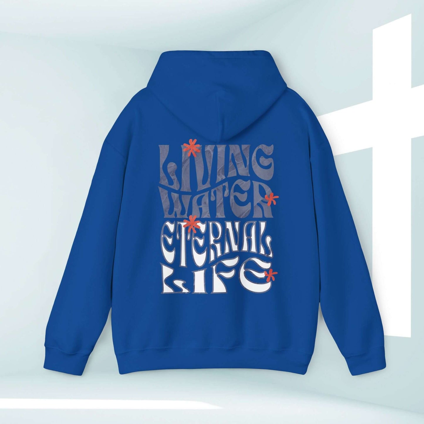 Living Water Never Thirst Christian hoodie in blue with graphic design promoting eternal life, religious hoodie for inspiration and faith