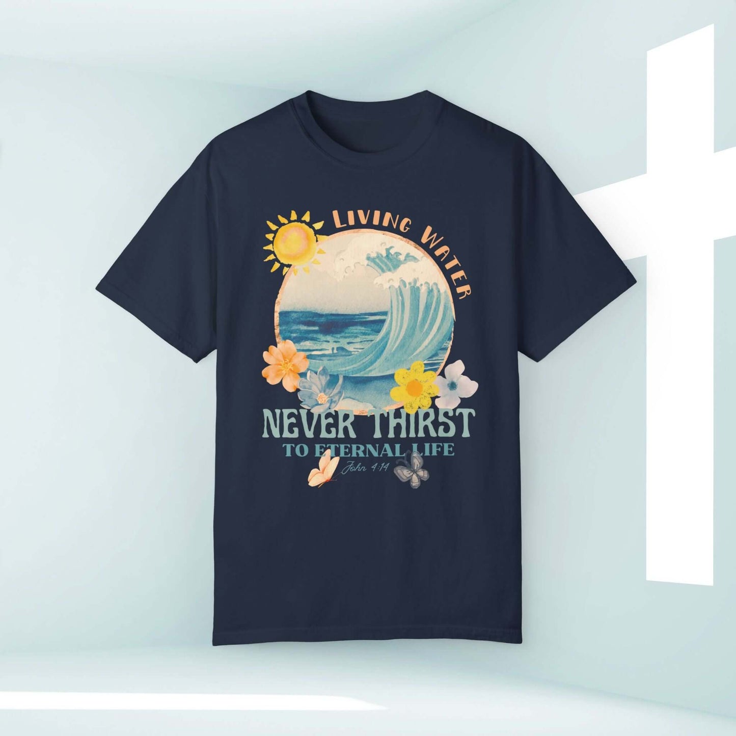 Living Water beach shirt with Bible verse design on dark blue tee, featuring waves and flowers, perfect Christian summer apparel