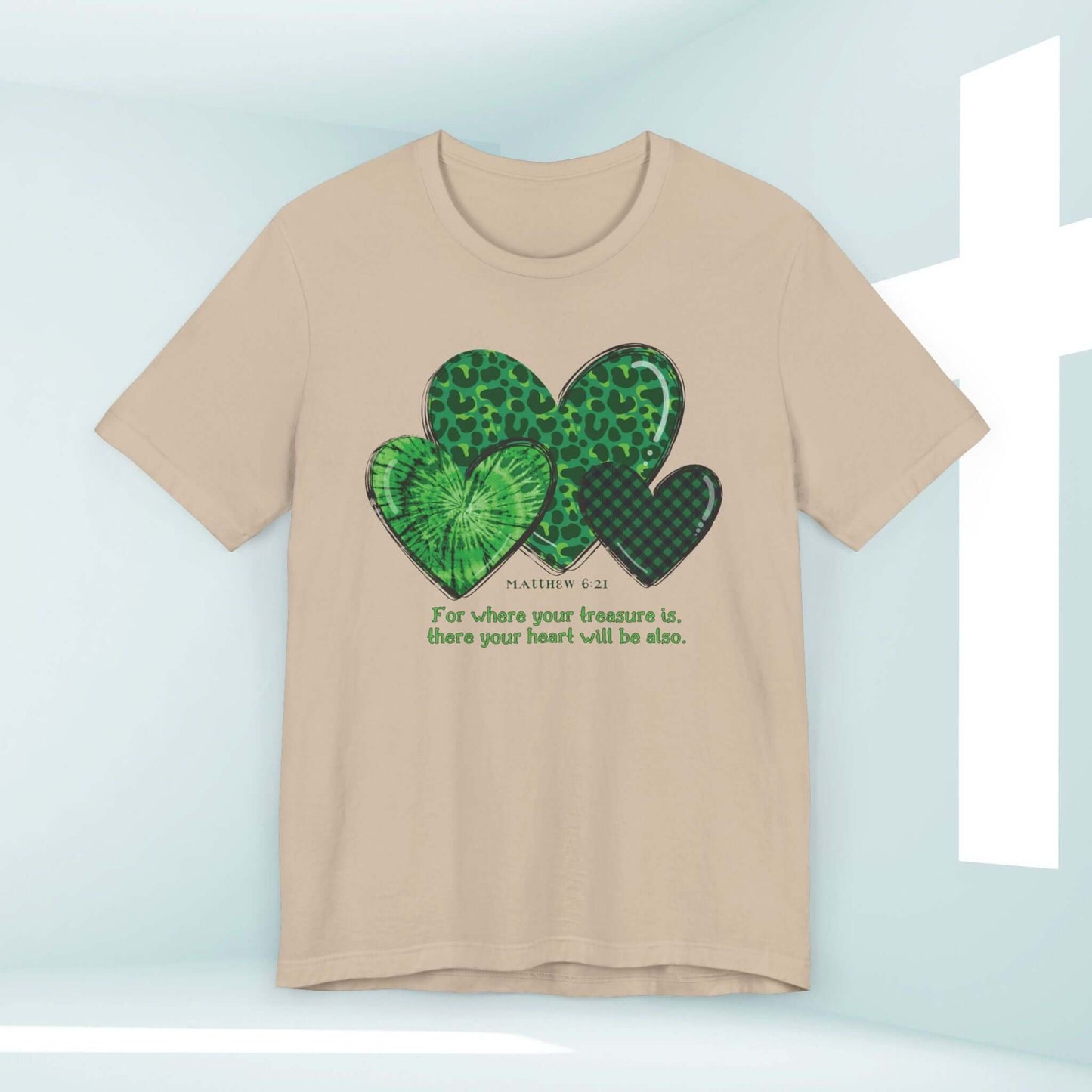 Christian St. Patrick's Day shirt with heart-shaped shamrocks and scripture design, perfect religious Irish tee for faith-based inspiration.