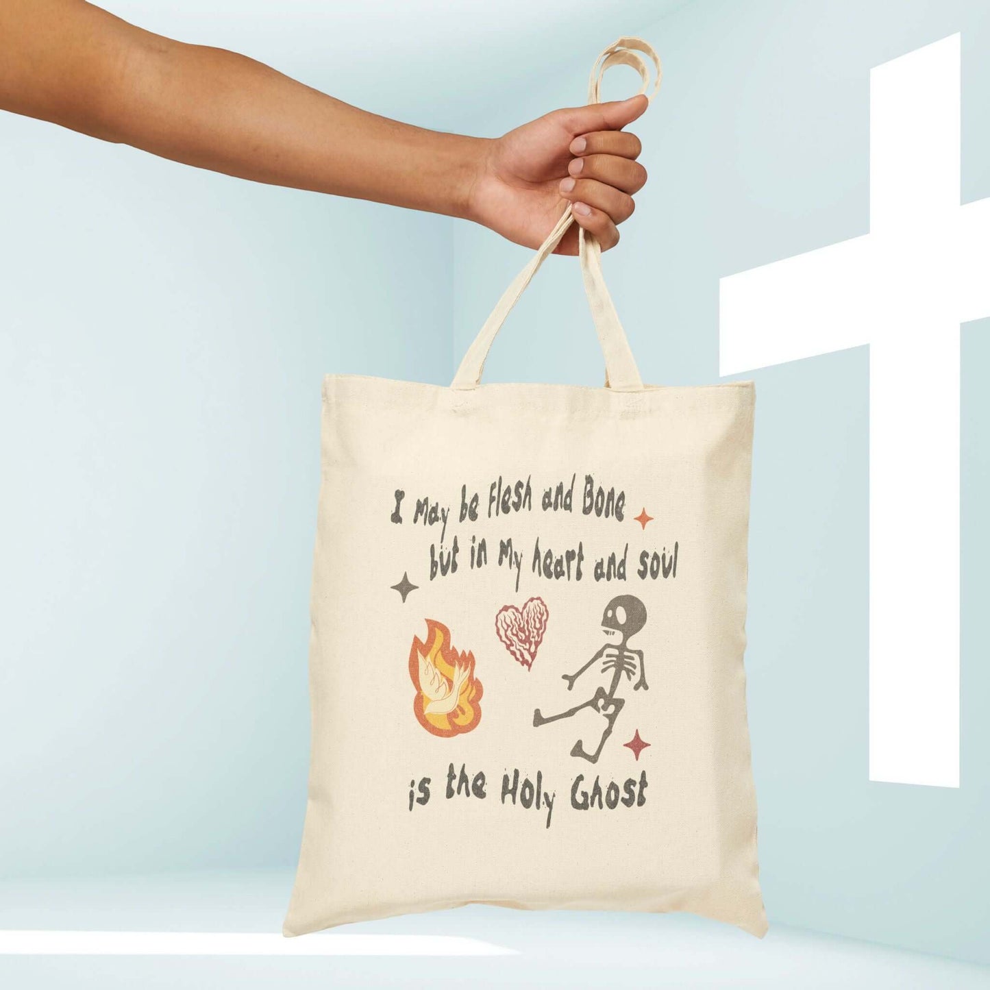 Christian Halloween tote bag with Holy Ghost design, perfect religious trick or treat bag, featuring scripture and cute skeleton.