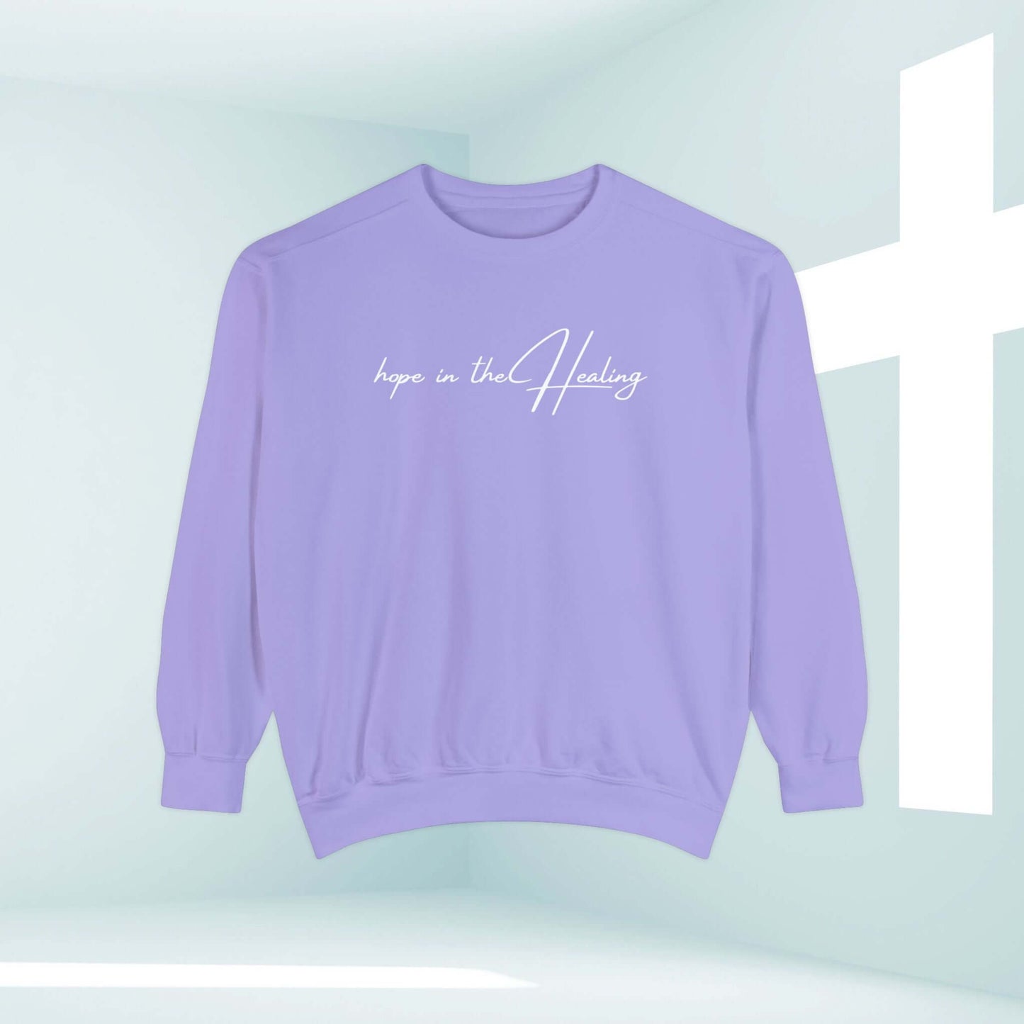 Hope In The Healing lavender Christian sweatshirt crewneck with inspirational message for cancer survivors and get well soon gifts.