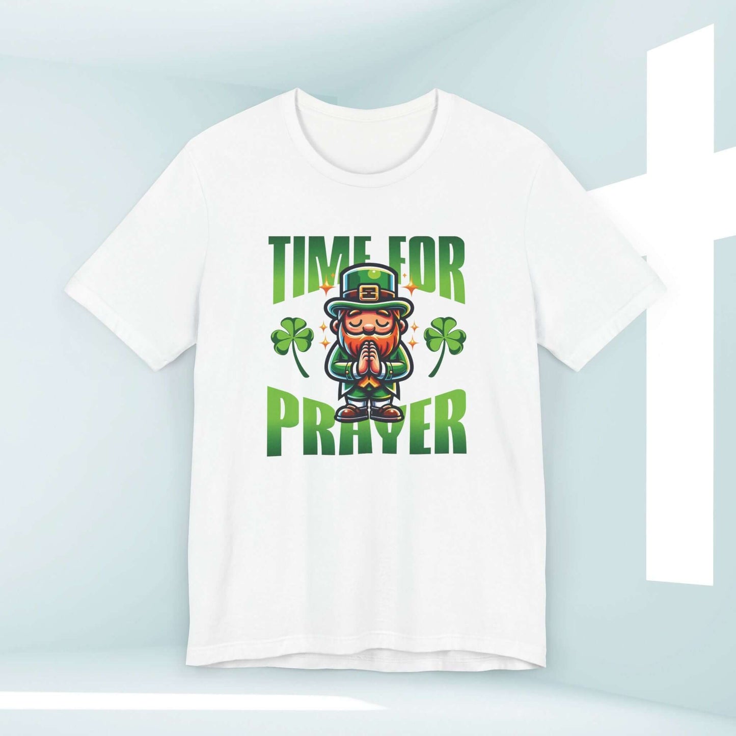 St Patrick's Day Christian shirt with praying leprechaun and shamrocks, faith-based tee, perfect for celebrating St Paddys Day