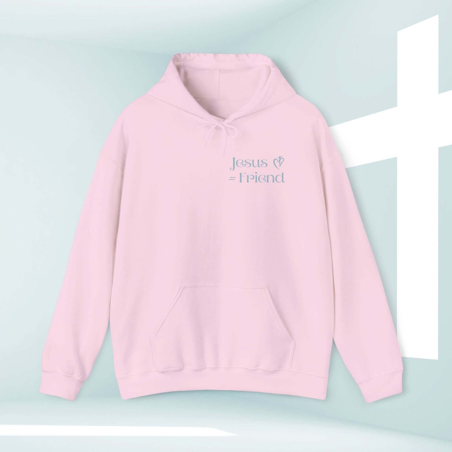 Pink Christian hoodie with "Jesus Friend" message, designed for inspiration and faith, featuring a Bible verse, perfect Christian gift